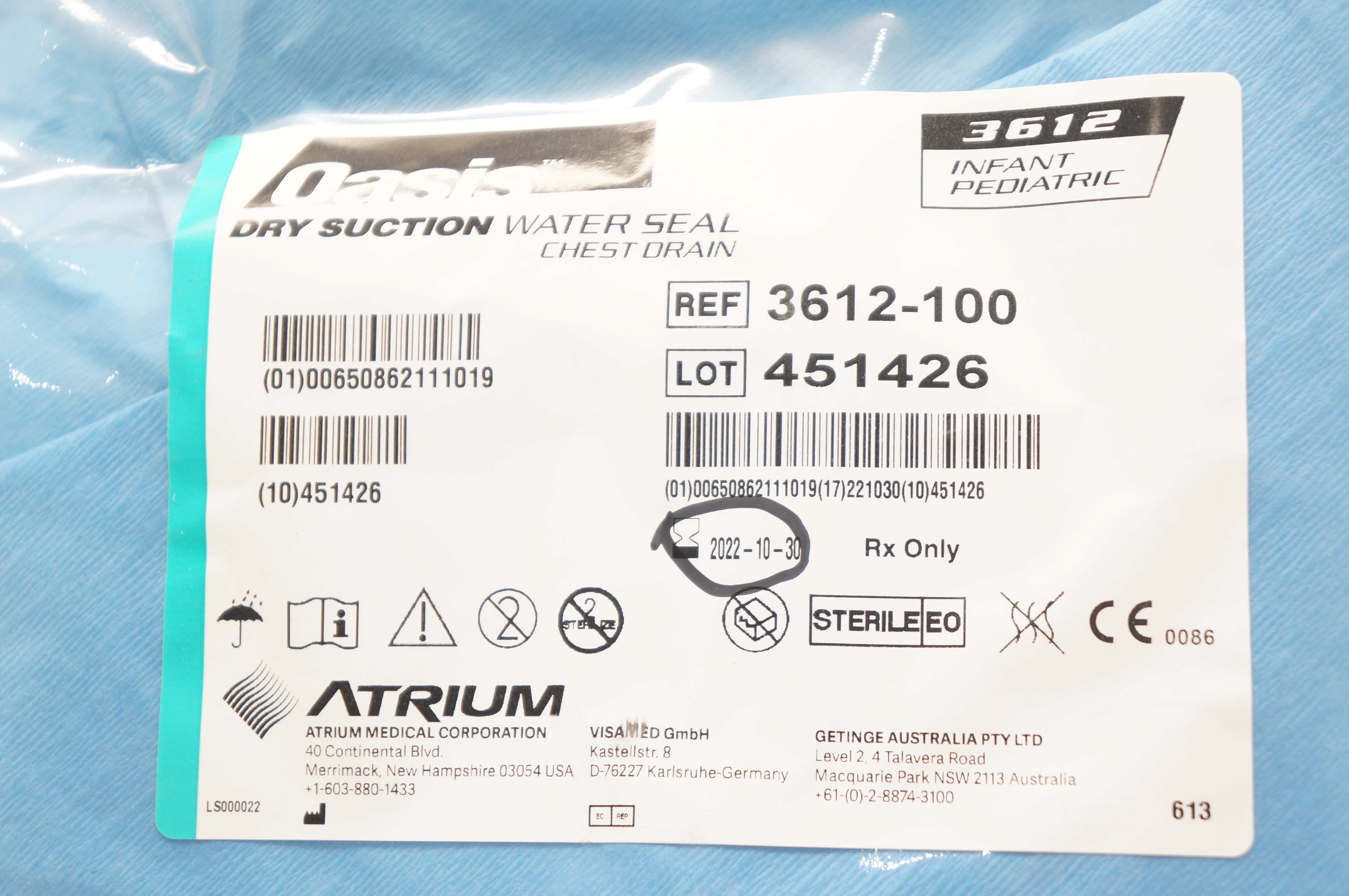 Atrium 3612-100 Oasis Dry Suction Water Seal Chest Drain Infant Pediatric (x)