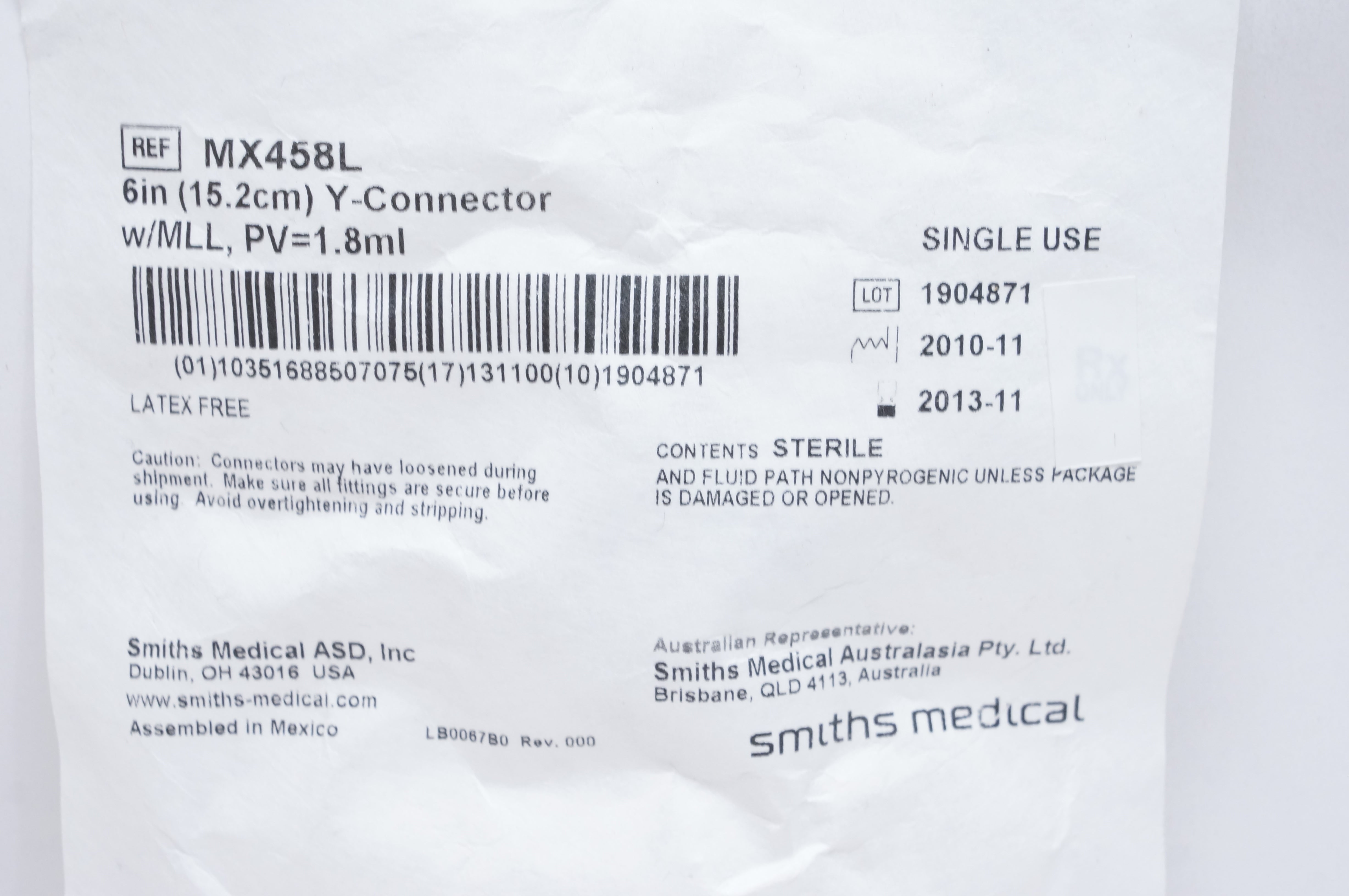 Smiths Medical MX458L Y-Connector 6inch with MLL, PV 1.8ml (x)
