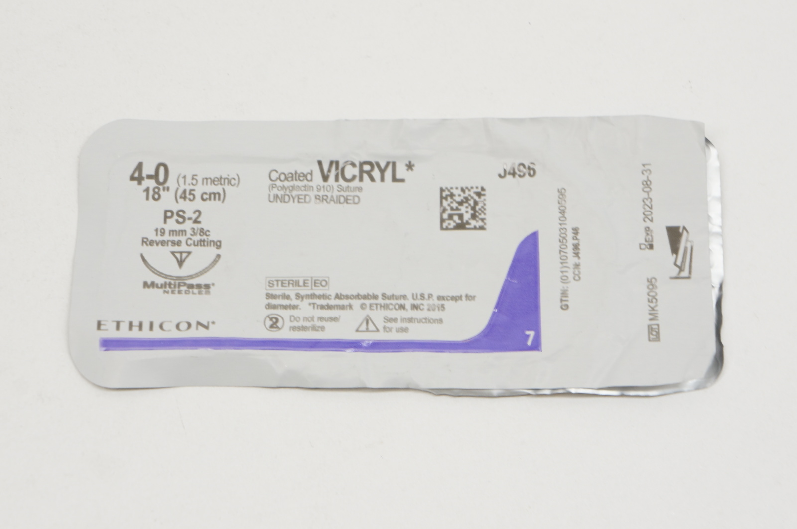 Ethicon J496 4-0 VICRYL, PS-2, 19mm 3/8c, Reverse Cutting, 18inch