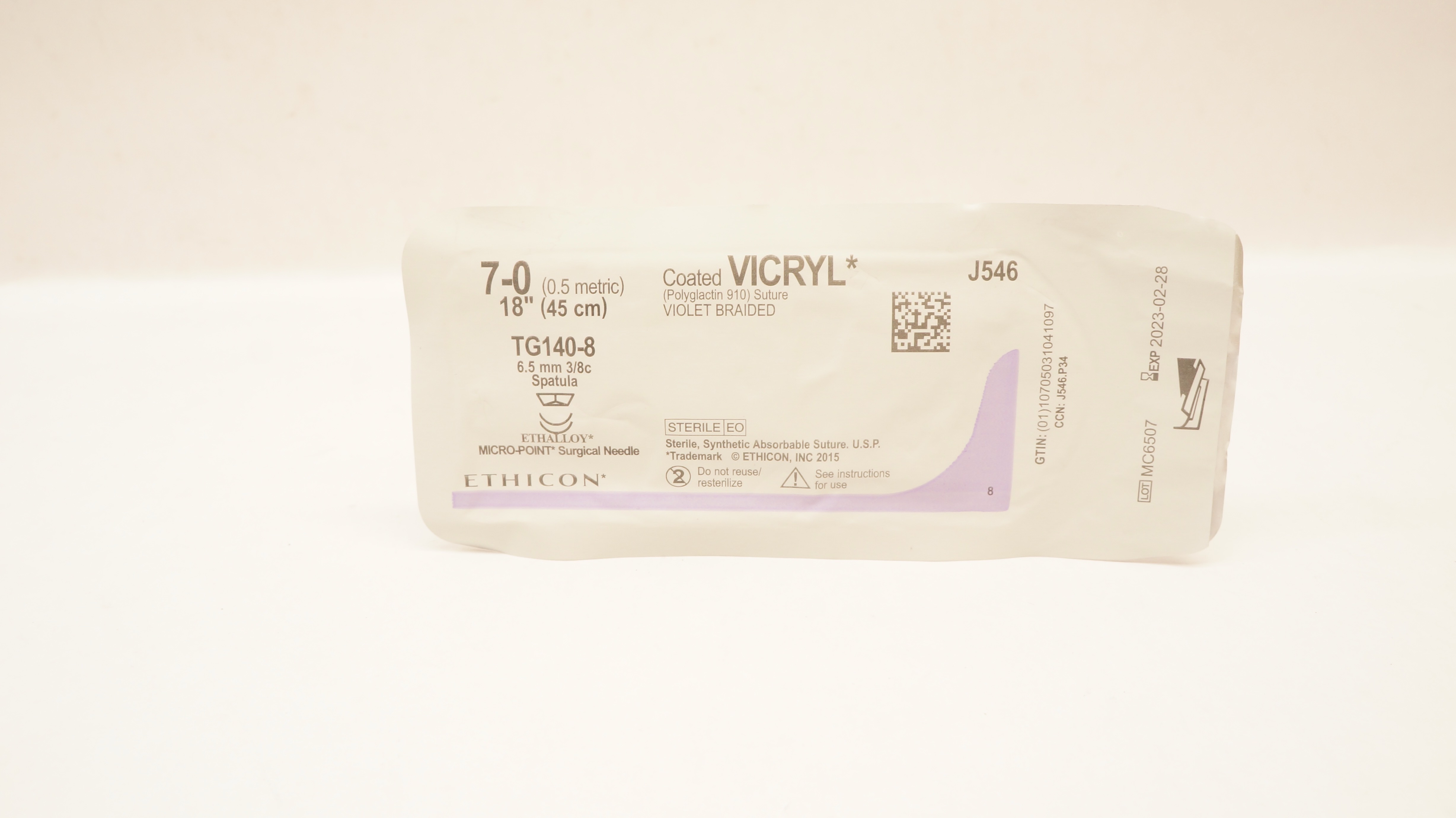 Ethicon J546 7-0 Coated Vicryl Stre TG140-8 6.5mm 3/8c Spatula 18inch (x)