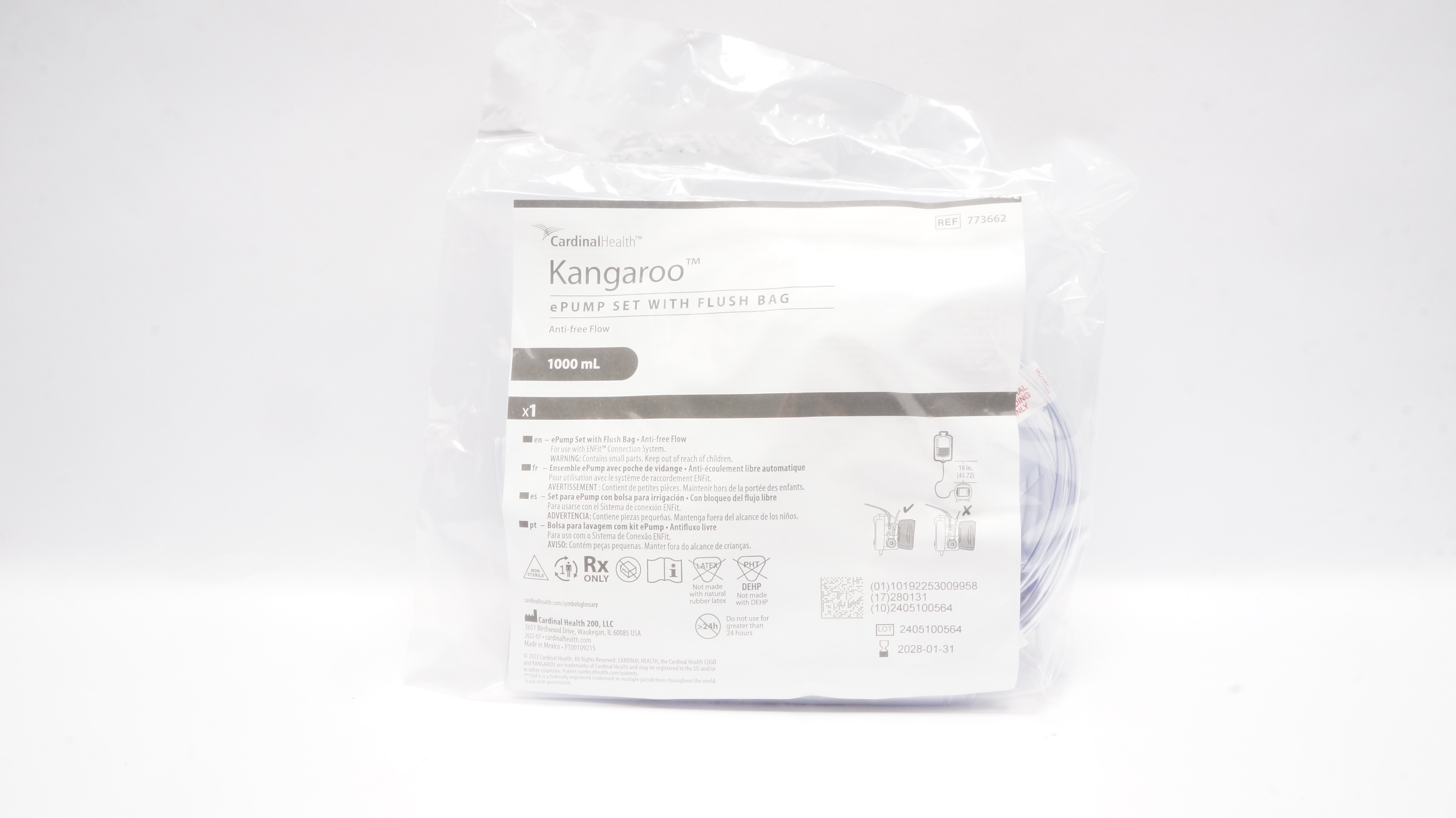 Cardinal Health 773662 Kangaroo ePump Set with Flash Bag Anti-Free Flow 1000mL