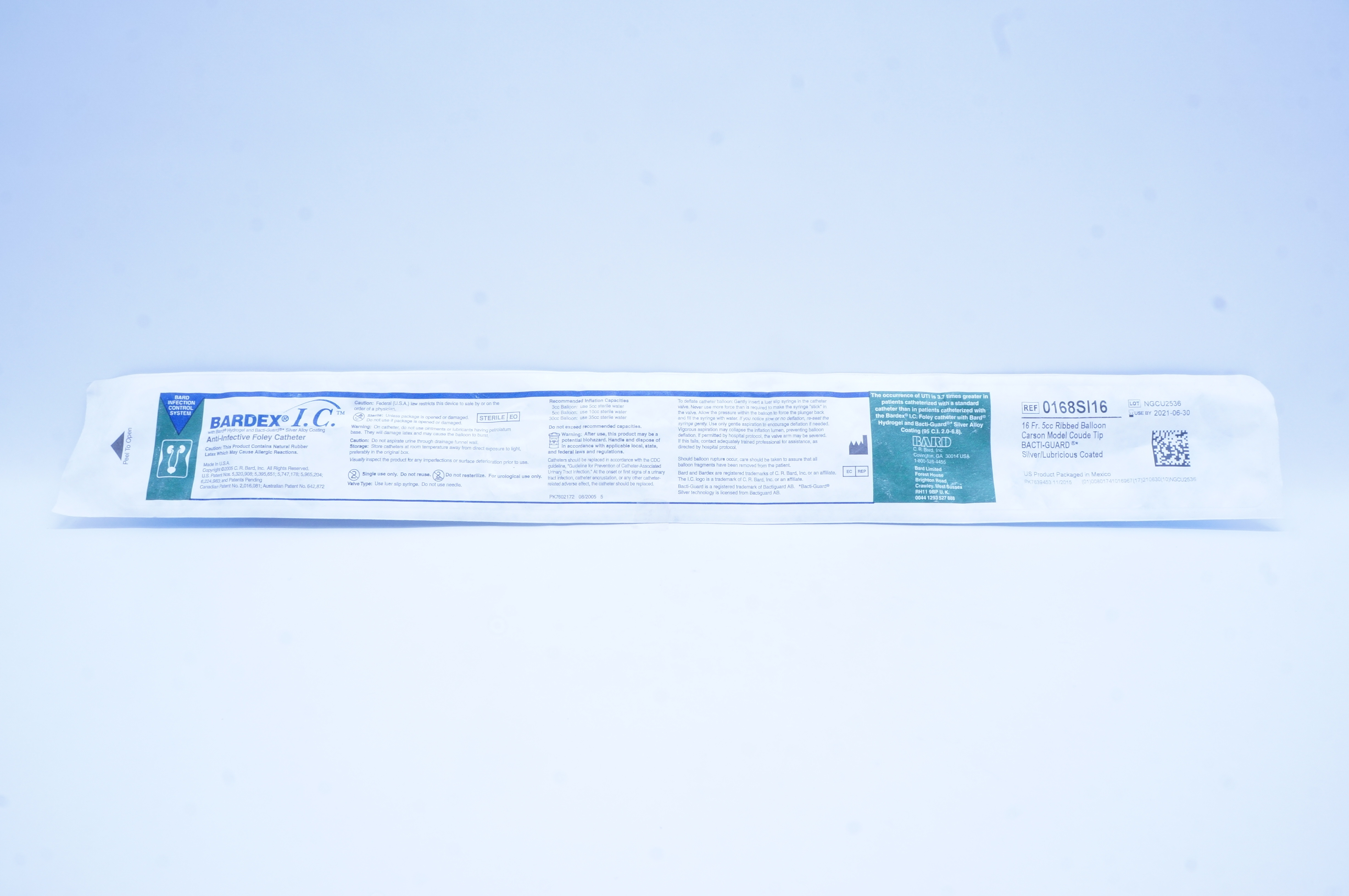 Bard 0168SI16 Anti-Infective Foley Cath. 16Fr, Ribbed Balloon Carson Model