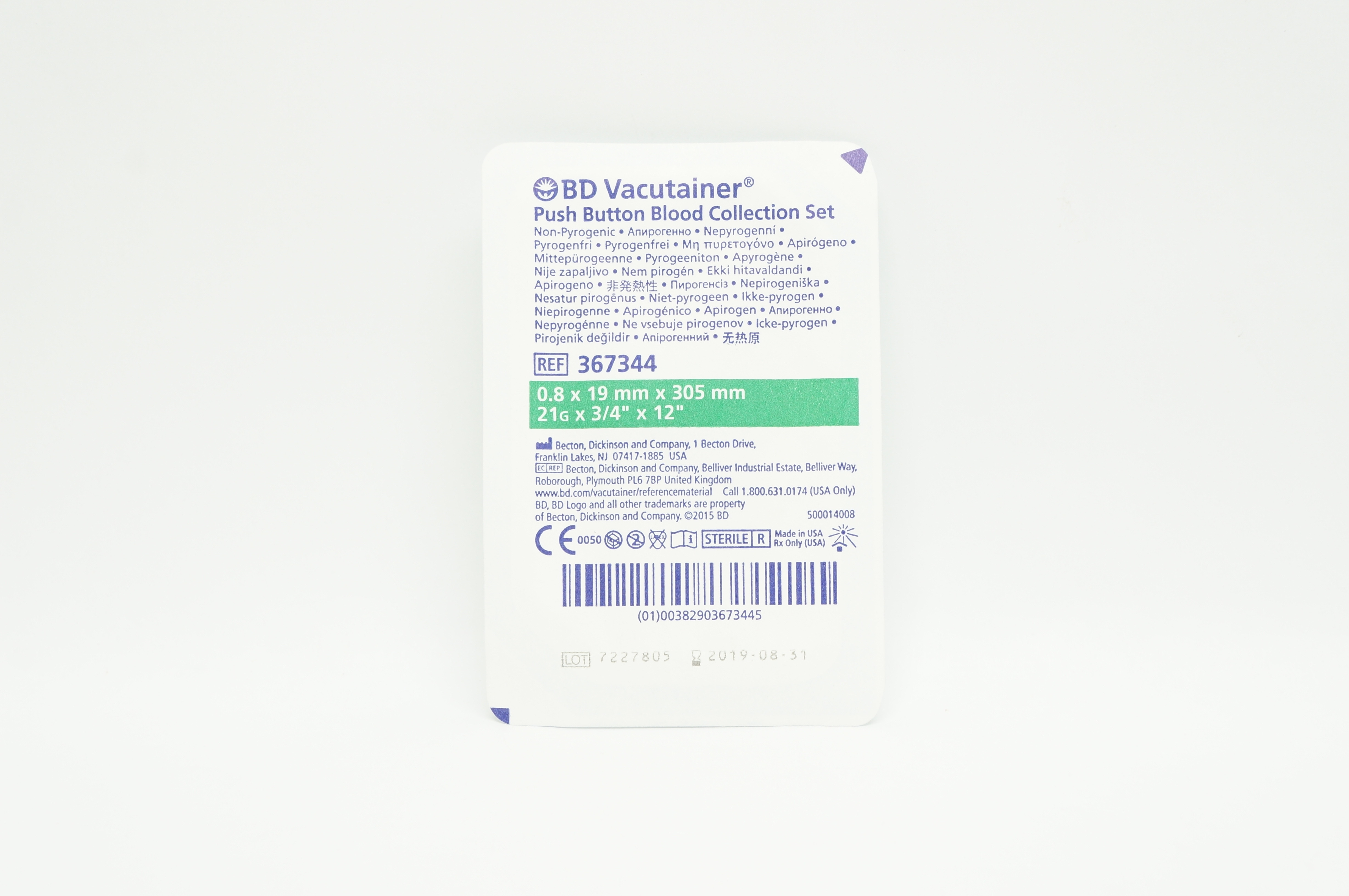Becton 367344 BD Vacutainer Push Button Blood Collection Set 21G x 3/4in. x 12in.(x)