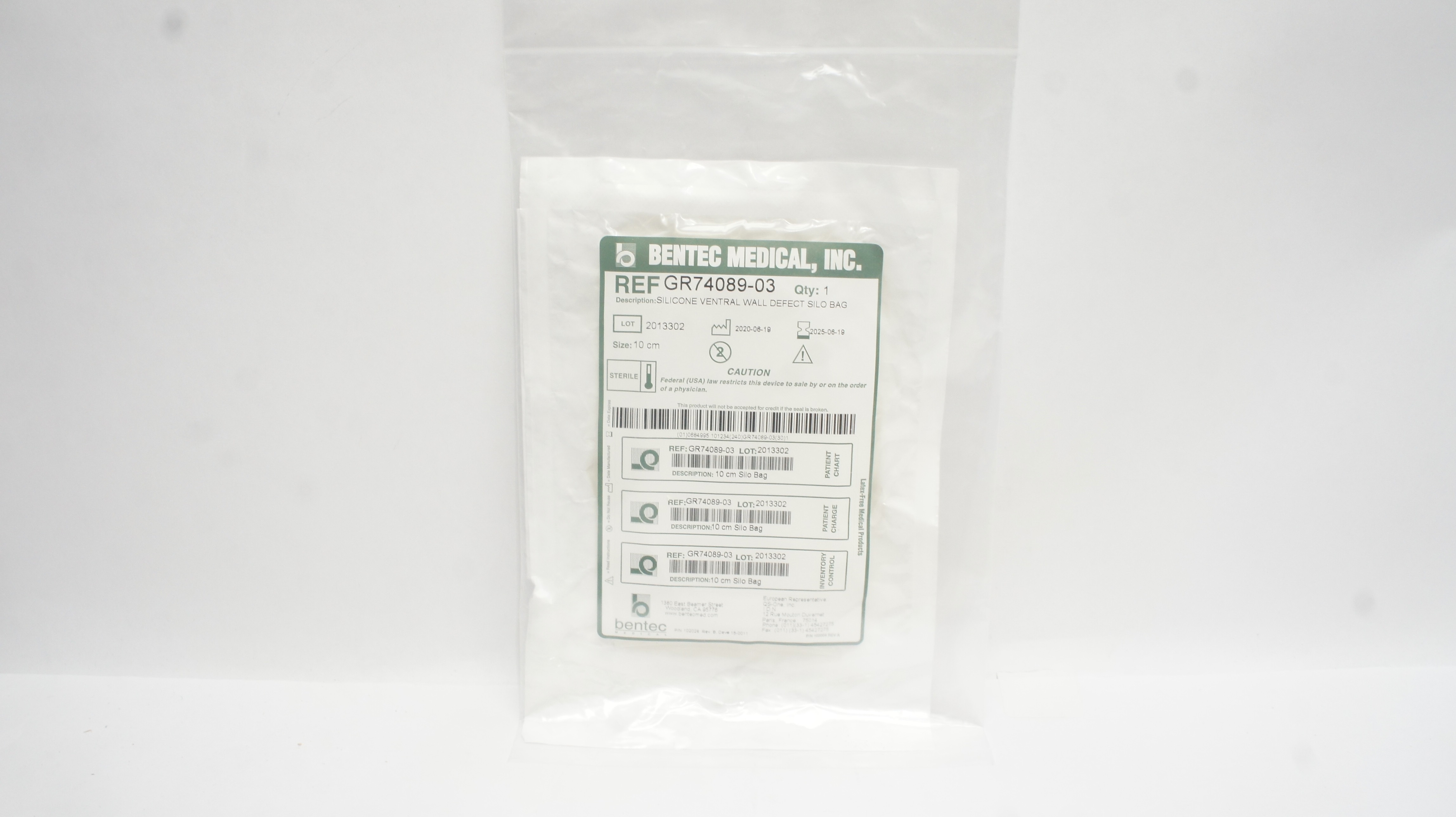 Bentec Medical GR74089-03 Silicone Ventral Wall Defect Silo Bag