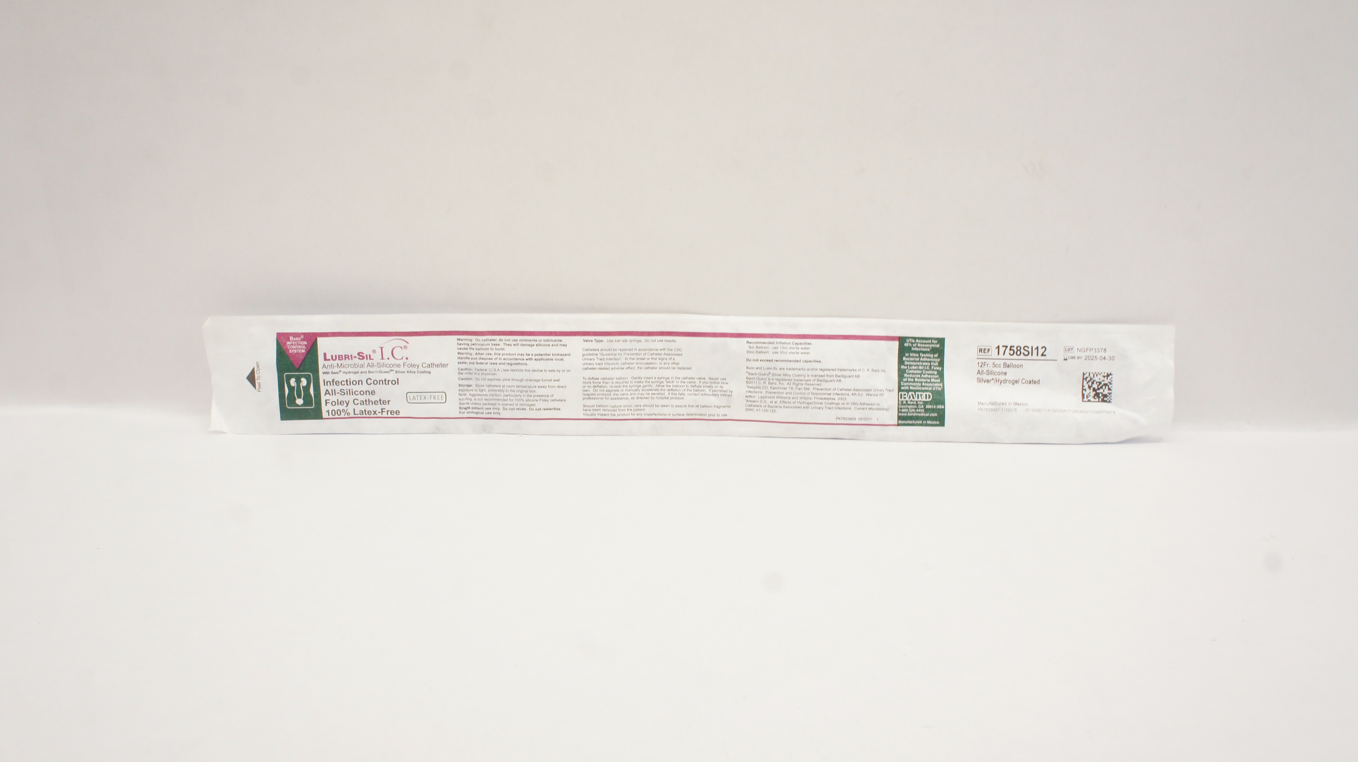 Bard 1758SI12 Lubri-Sil I.C. Anti-Microbial Foley Cath. 12Fr 5cc Balloon