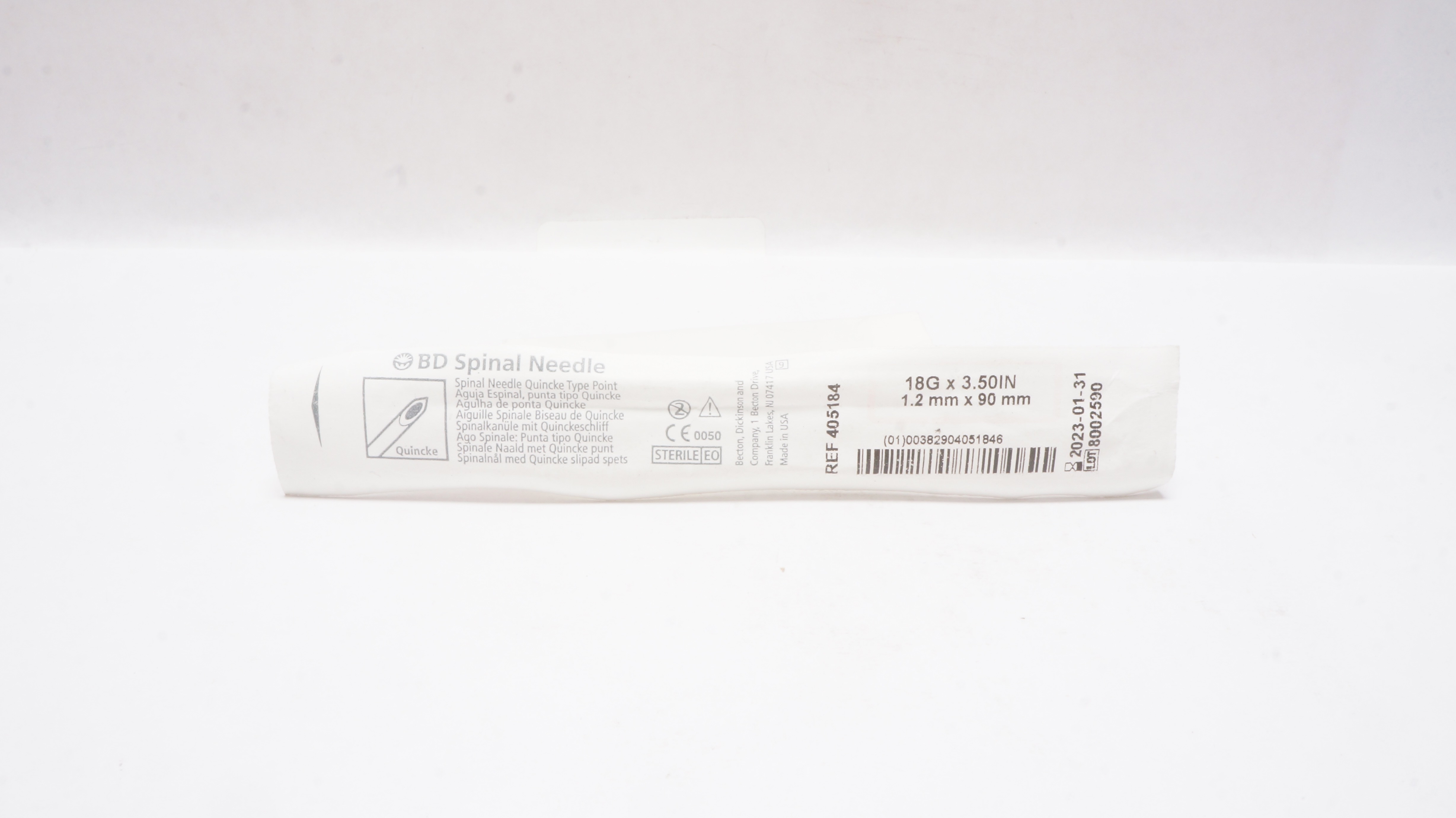 BD 405184 Becton Spinal Ndle. Quincke Type Point 18G x 3.50inch