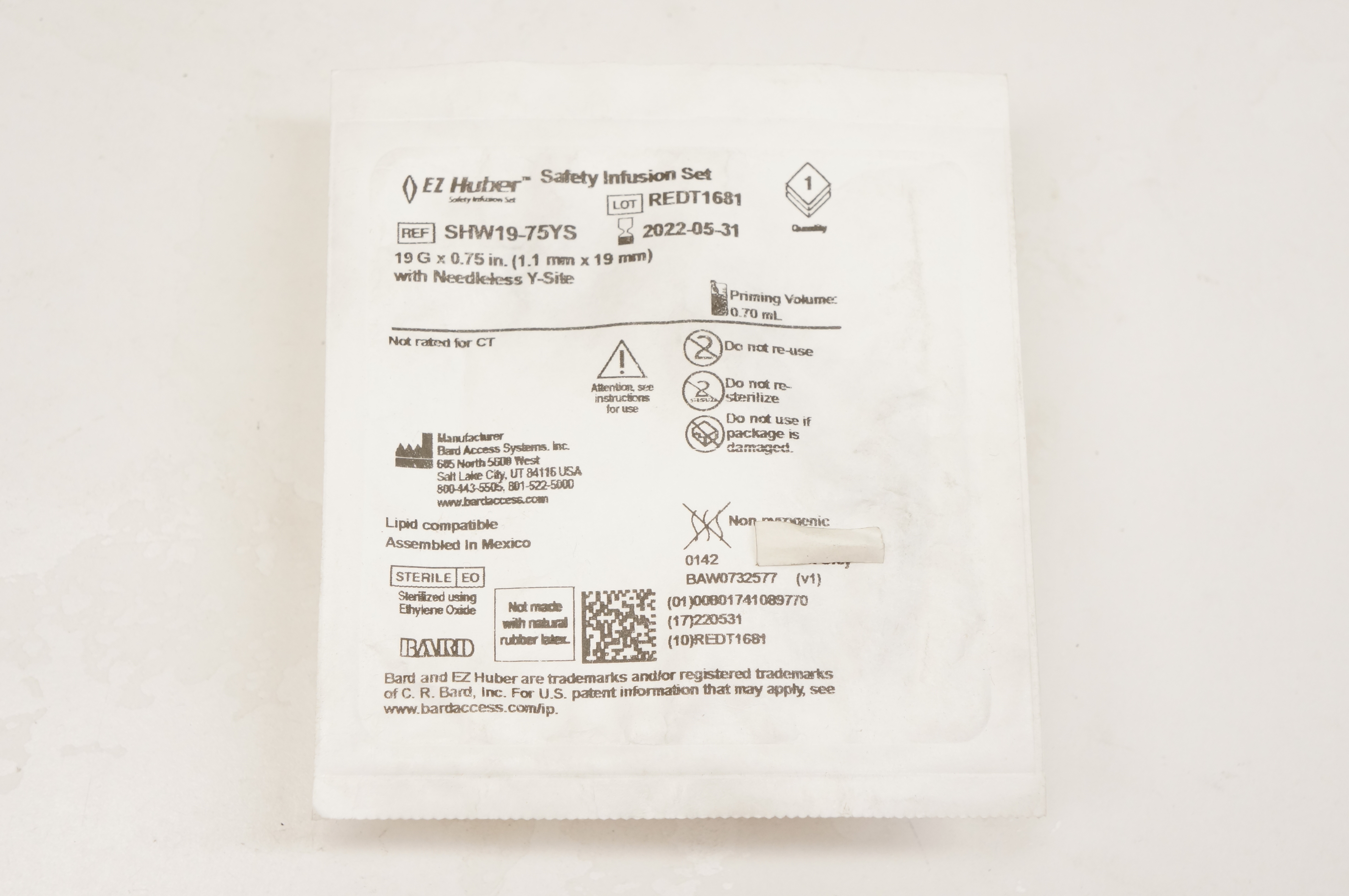 Bard SHW19-75YS EZ Huber Safety Infusion Set 19G x 0.75inch