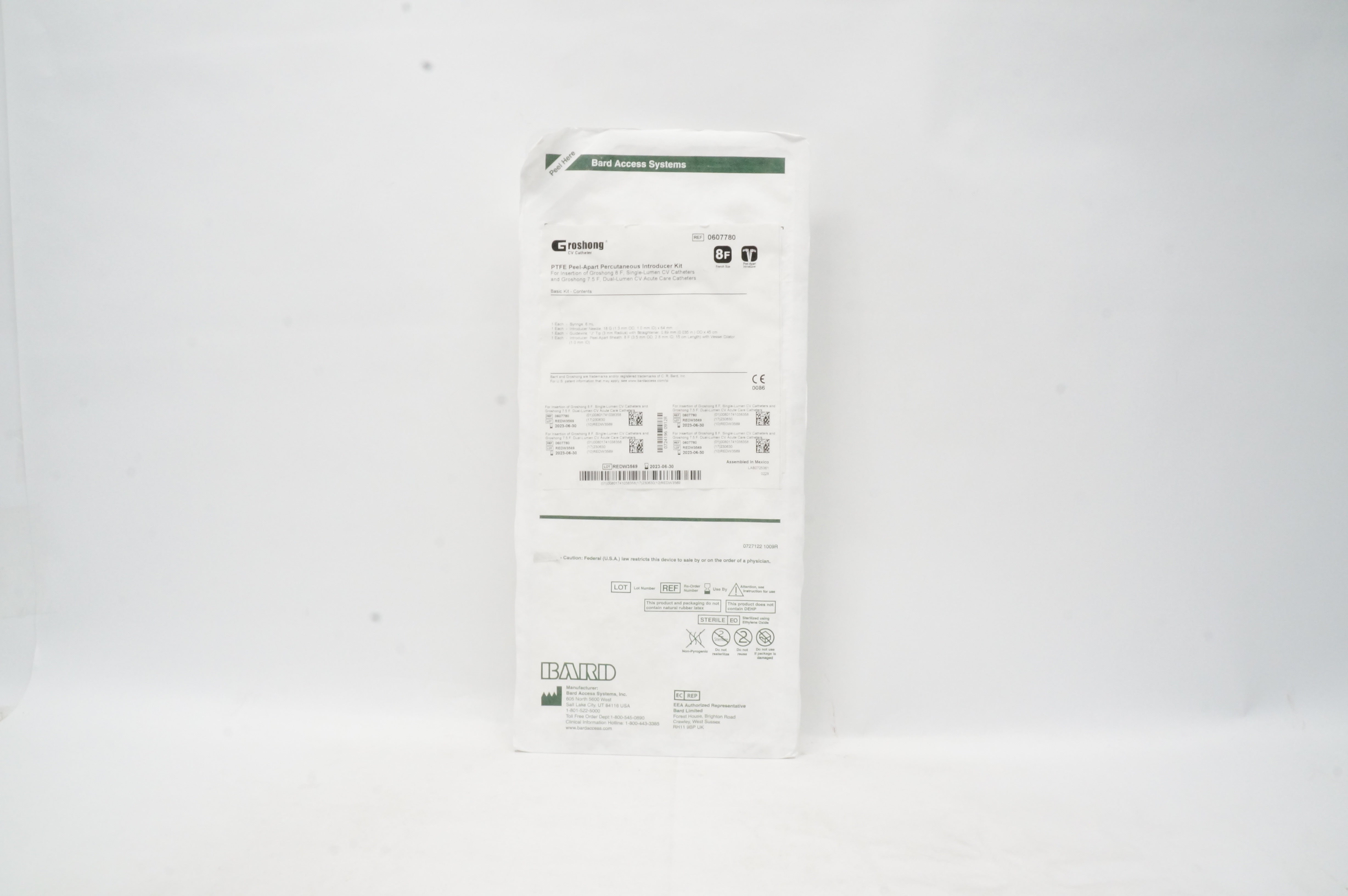 Bard 0607780 Groshong 8F PTFE Peel-Apart Percutaneous Introducer Kit