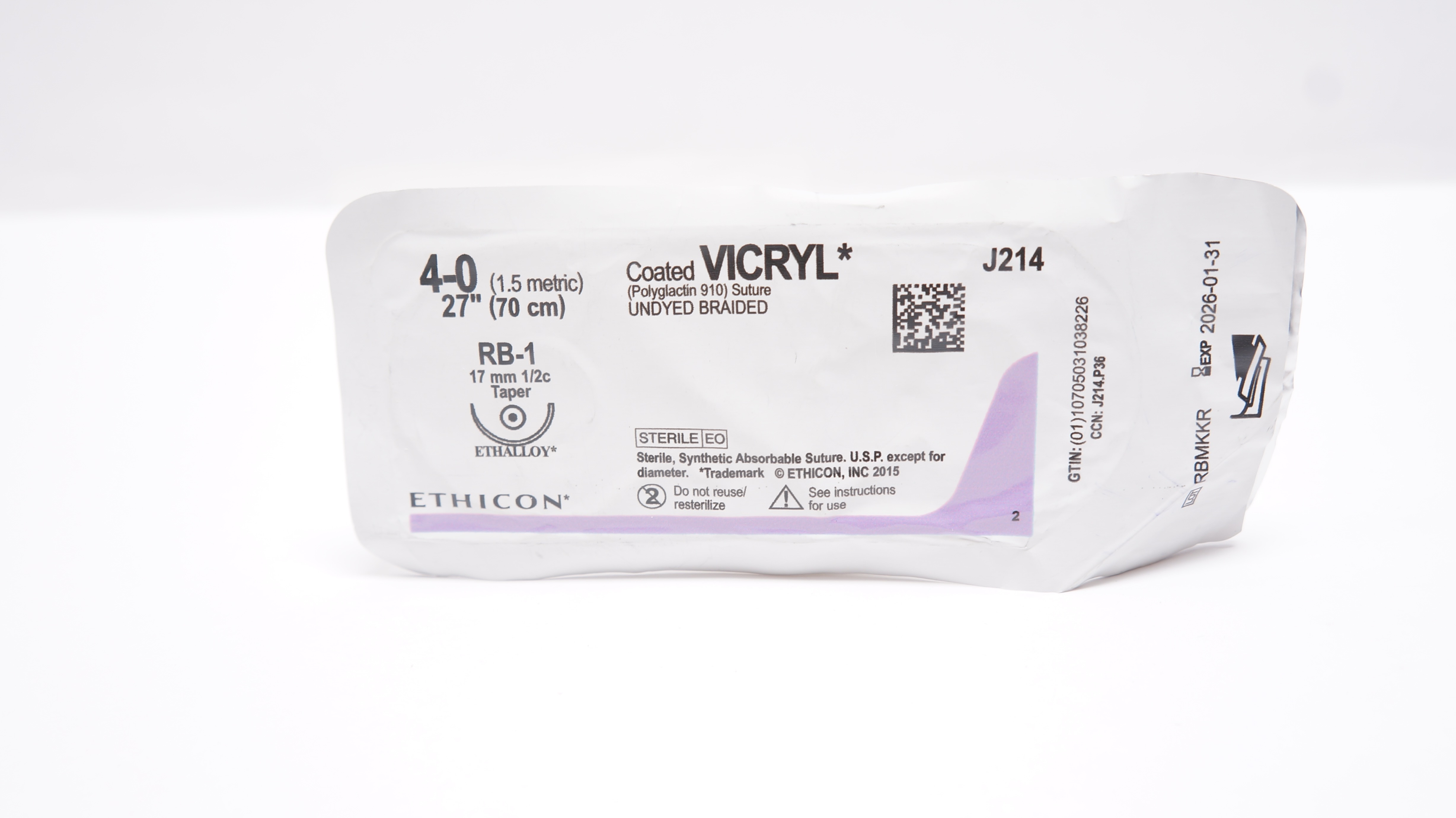 Ethicon J214 4-0 Coated VICRYL RB-1 17mm 1/2c Taper, 27inch
