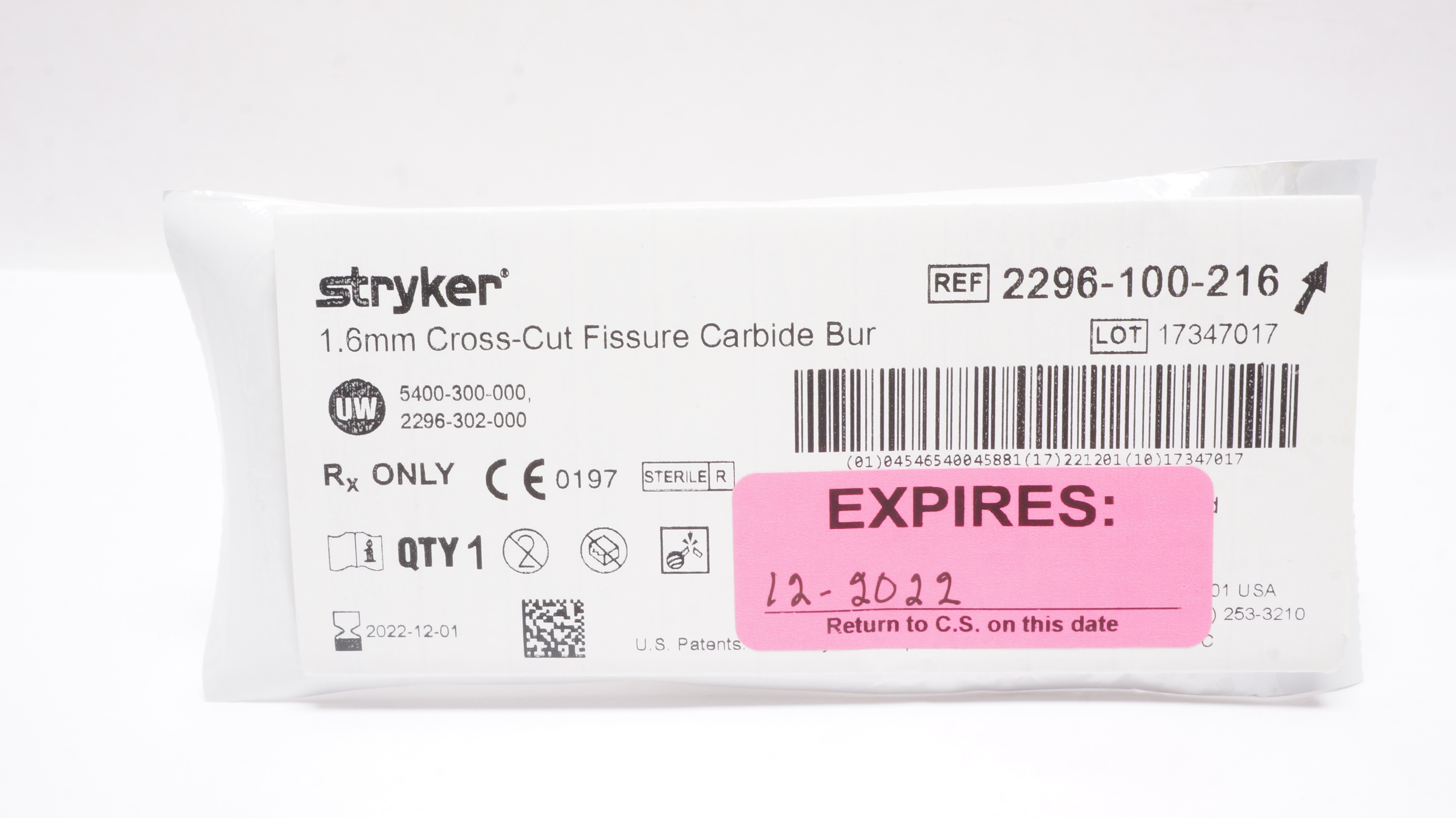 Stryker 2296-100-216 Cross-Cut Fissure Carbide Bur 1.6mm (x)