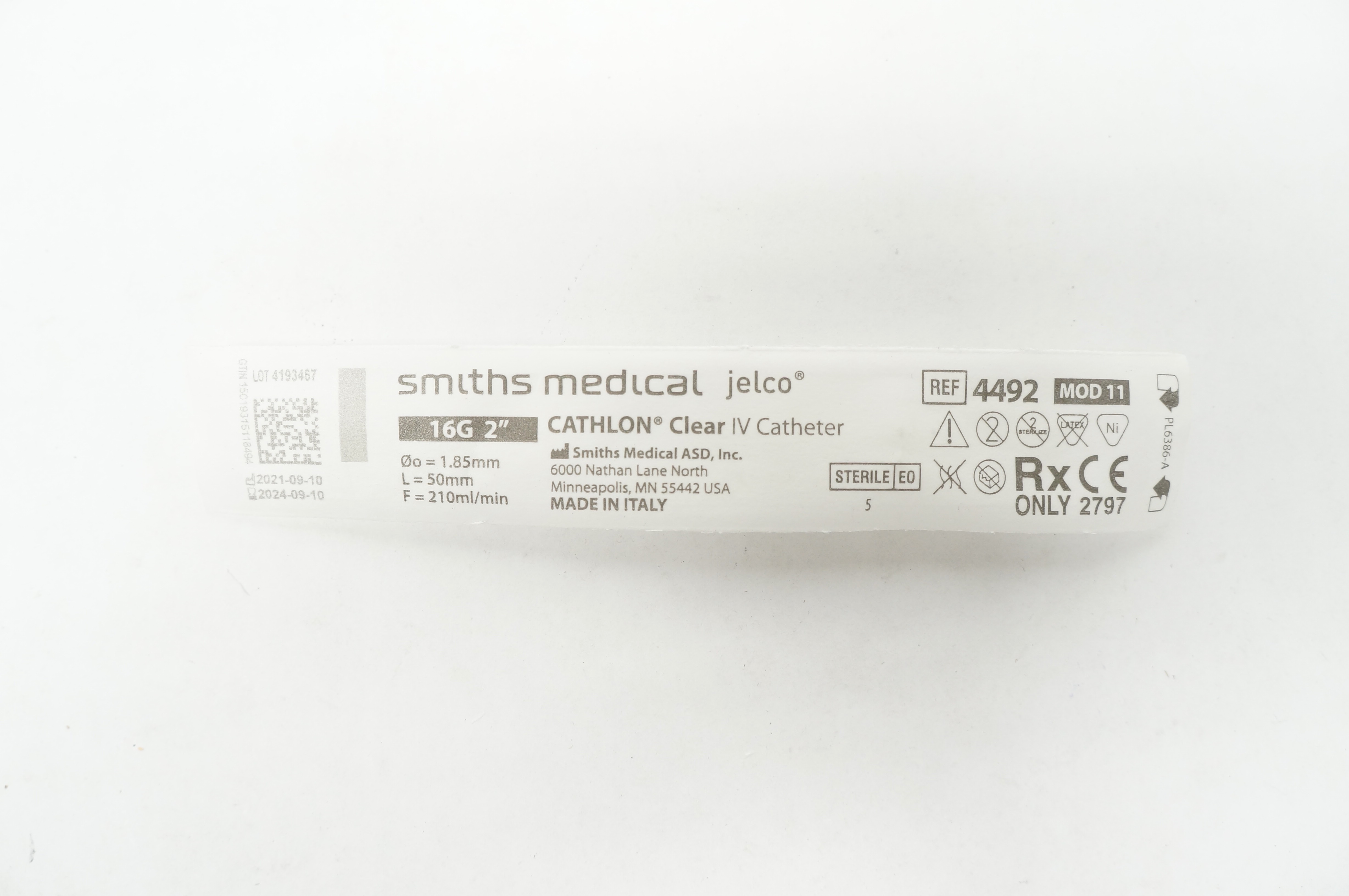 Smiths Medical 4492 Jelco Cathlon Clear I.V. Cath. 16G x 2inch