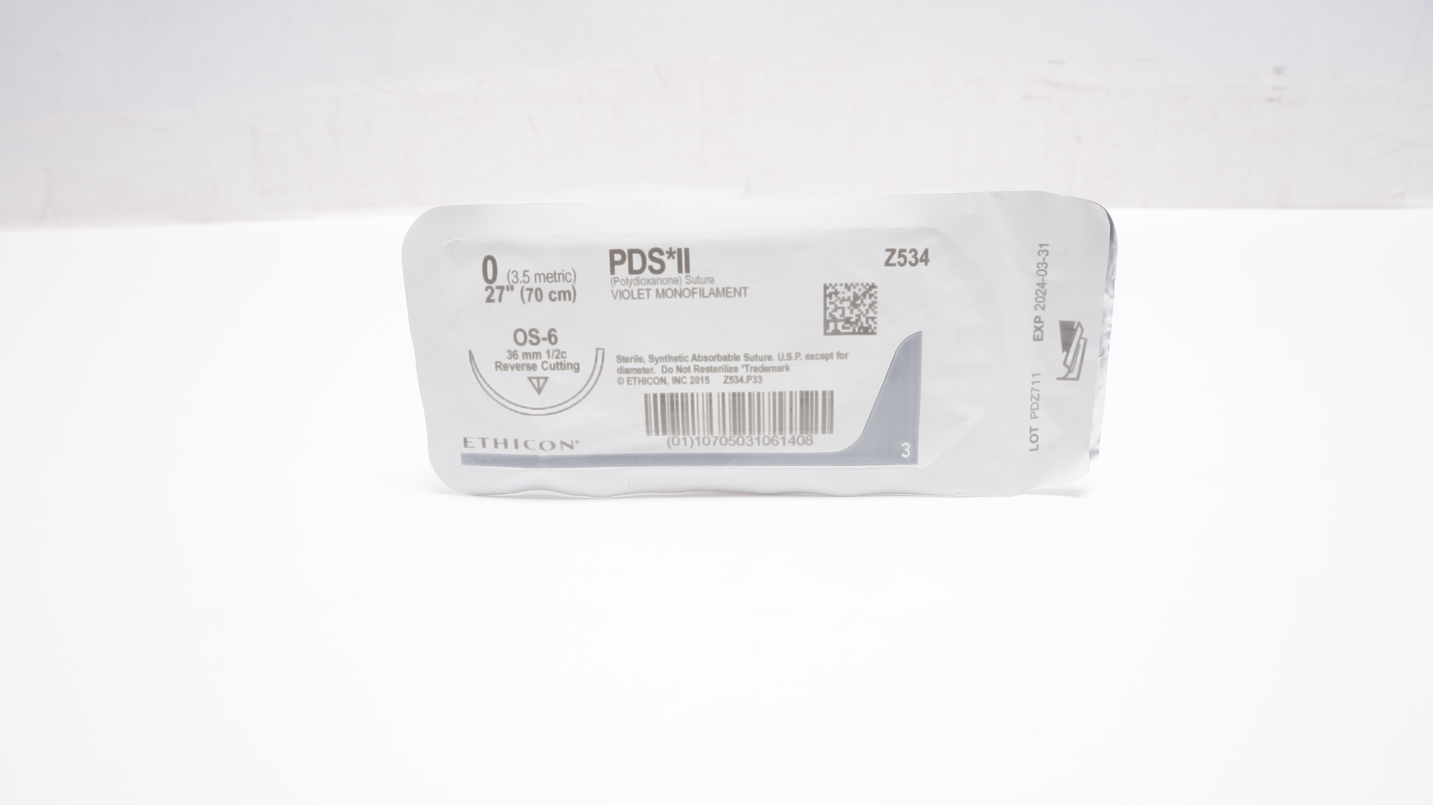 Ethicon Z534 0 PDSII Polydioxanone Stre OS-6 36mm 1/2c Reverse Cutting 27inch(x)