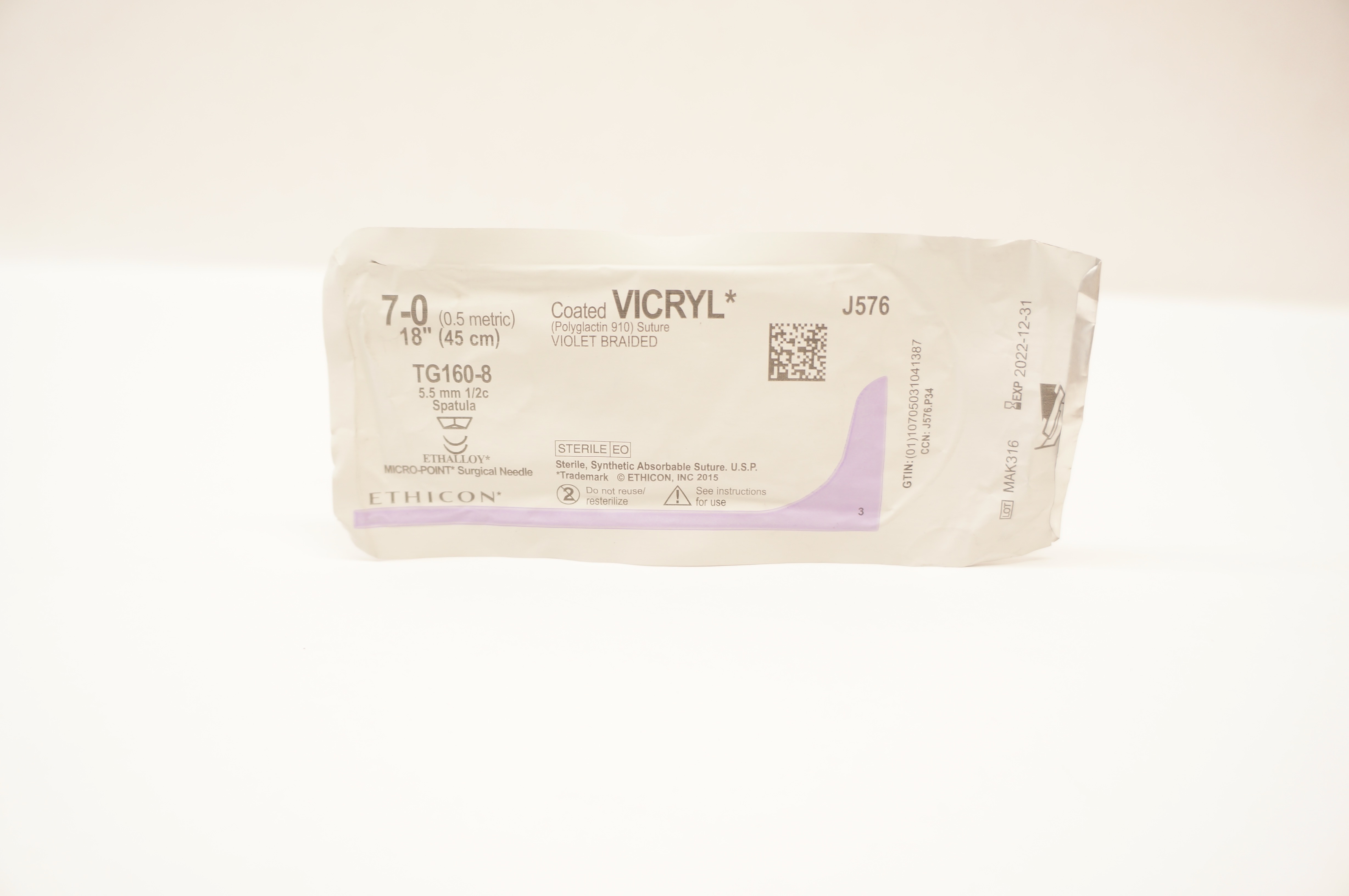 Ethicon J576 7-0 Coated VICRYL, TG160-8, 5.5mm 1/2c Spatula, 18inch (x)