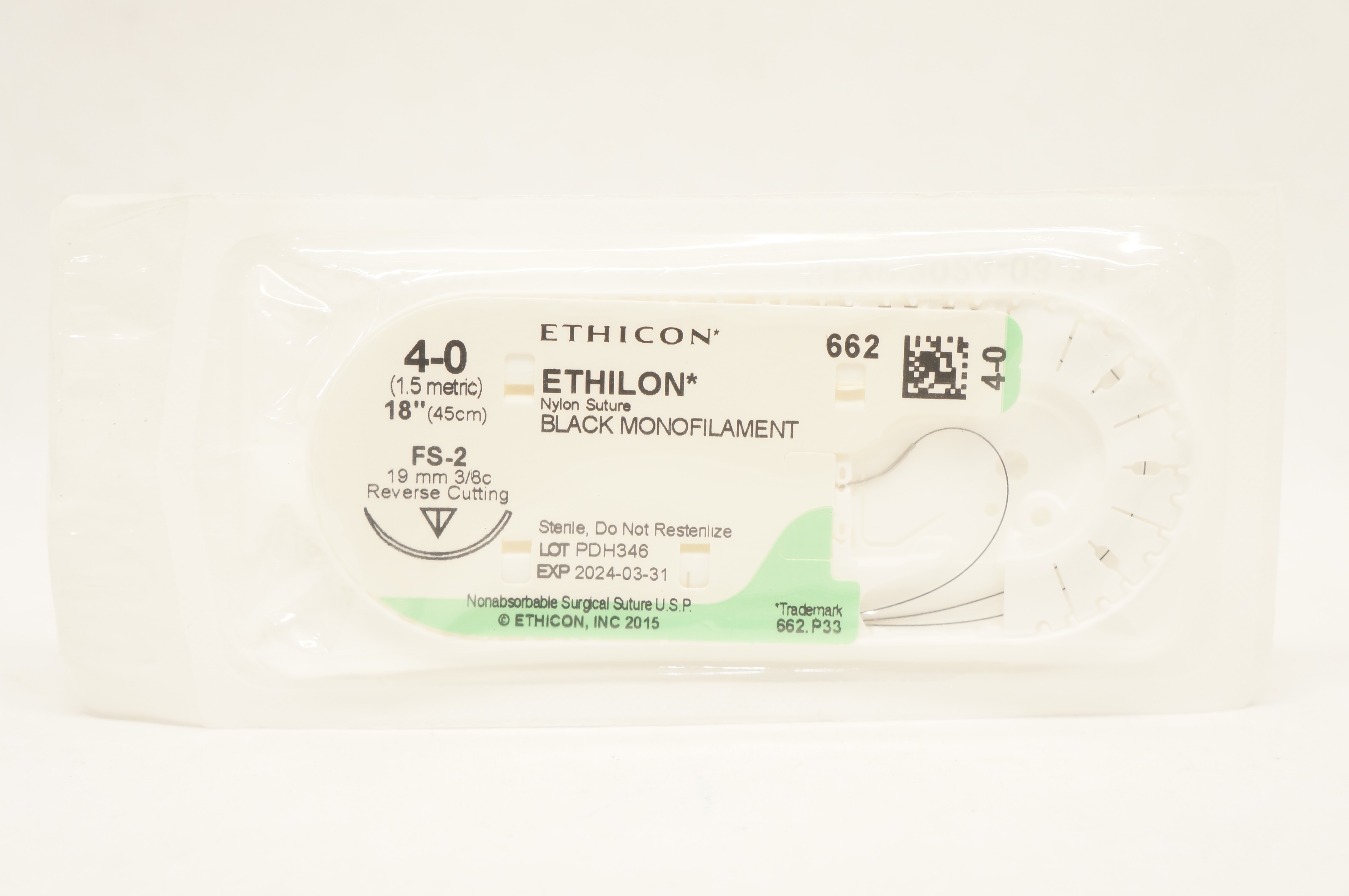 Ethicon 662 4-0 ETHILON Nylon Stre FS-2 19mm 3/8c Reverse Cutting, 18inch