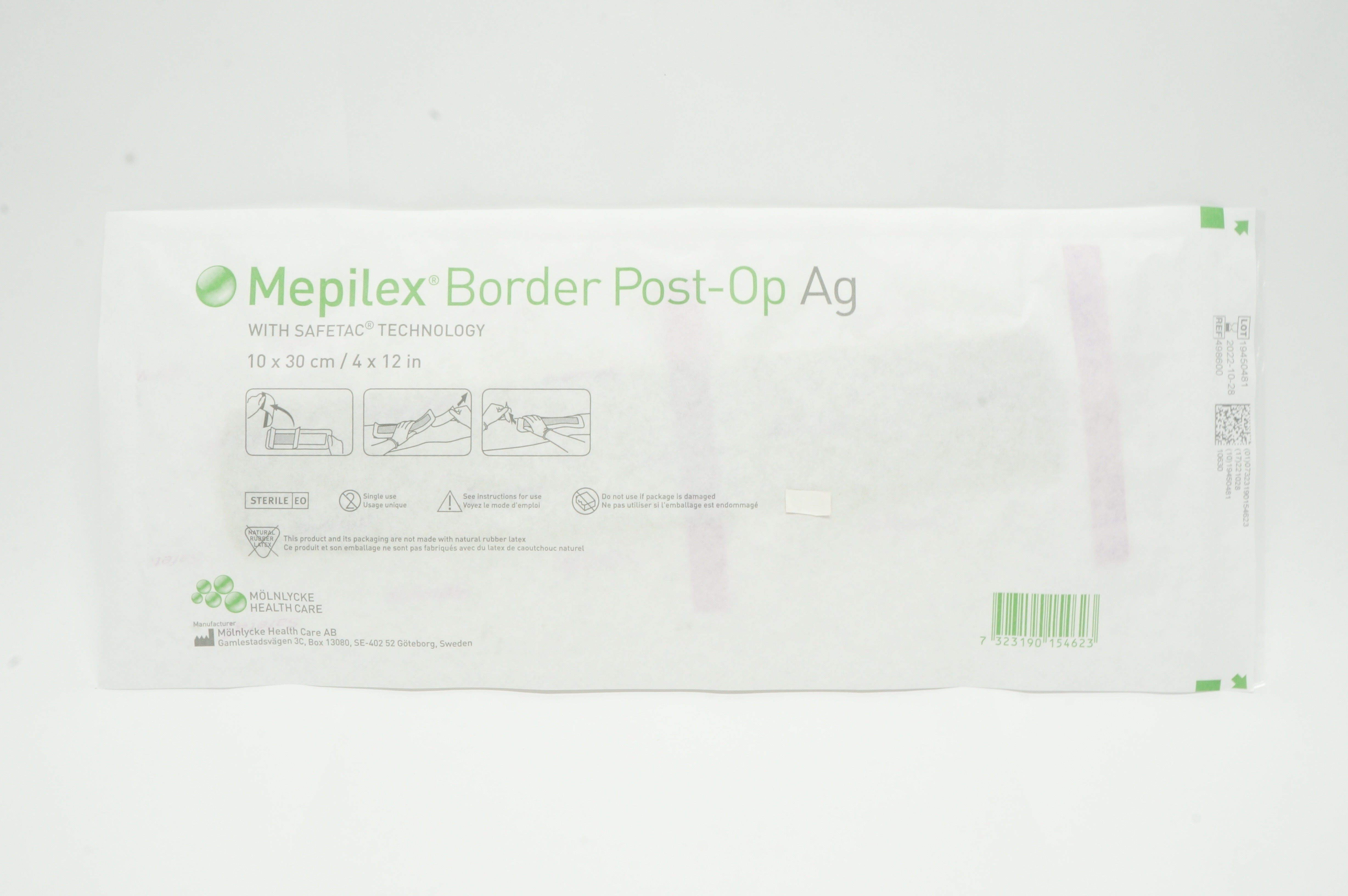 Mölnlycke 498600 Mepilex Border Post-Op Ag Dressing 4inch x 12inch (x)