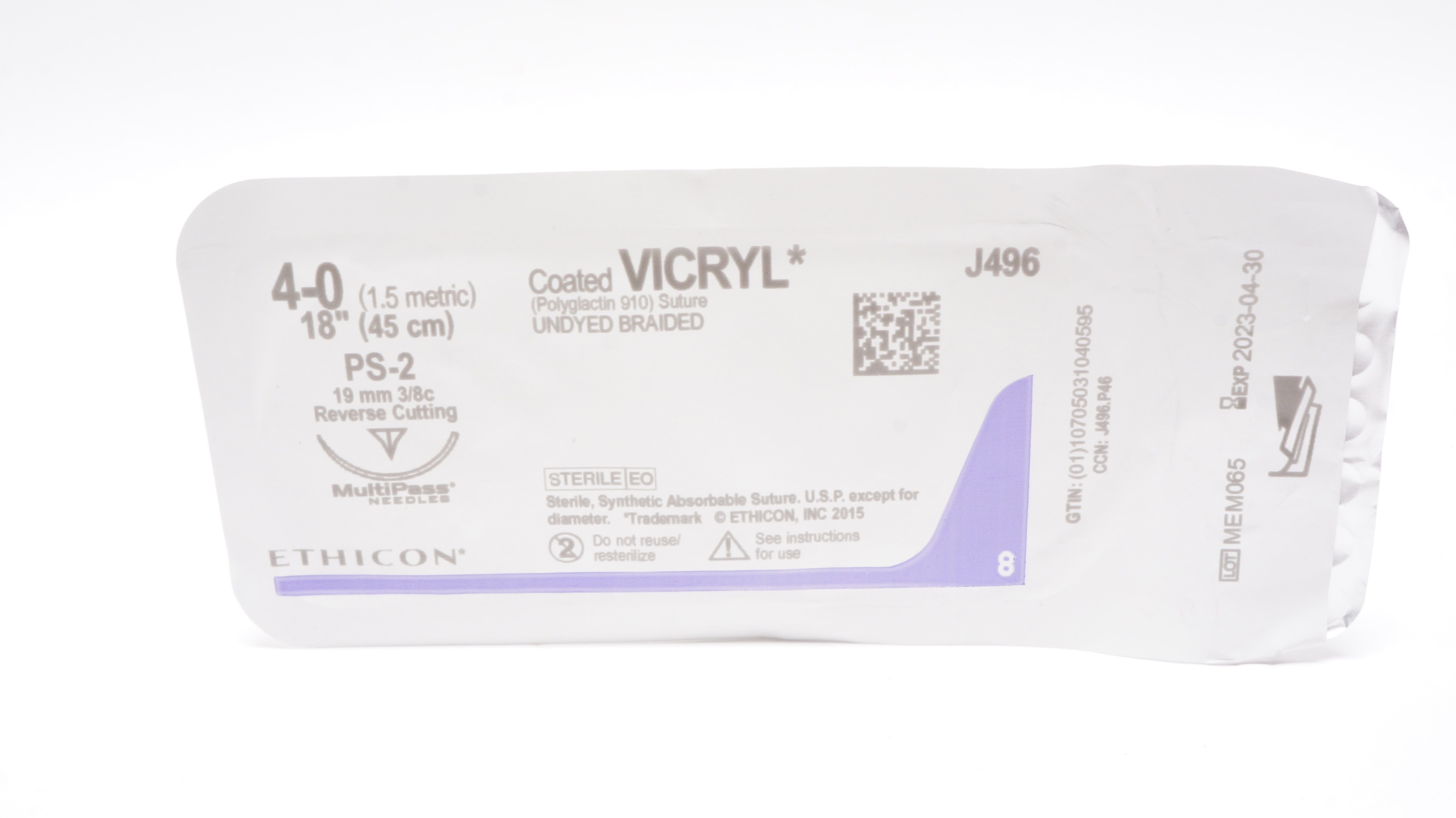 Ethicon Y496 4-0 Vicryl Stre PS-2 19mm 3/8c Reverse Cutting,18 inch (x)