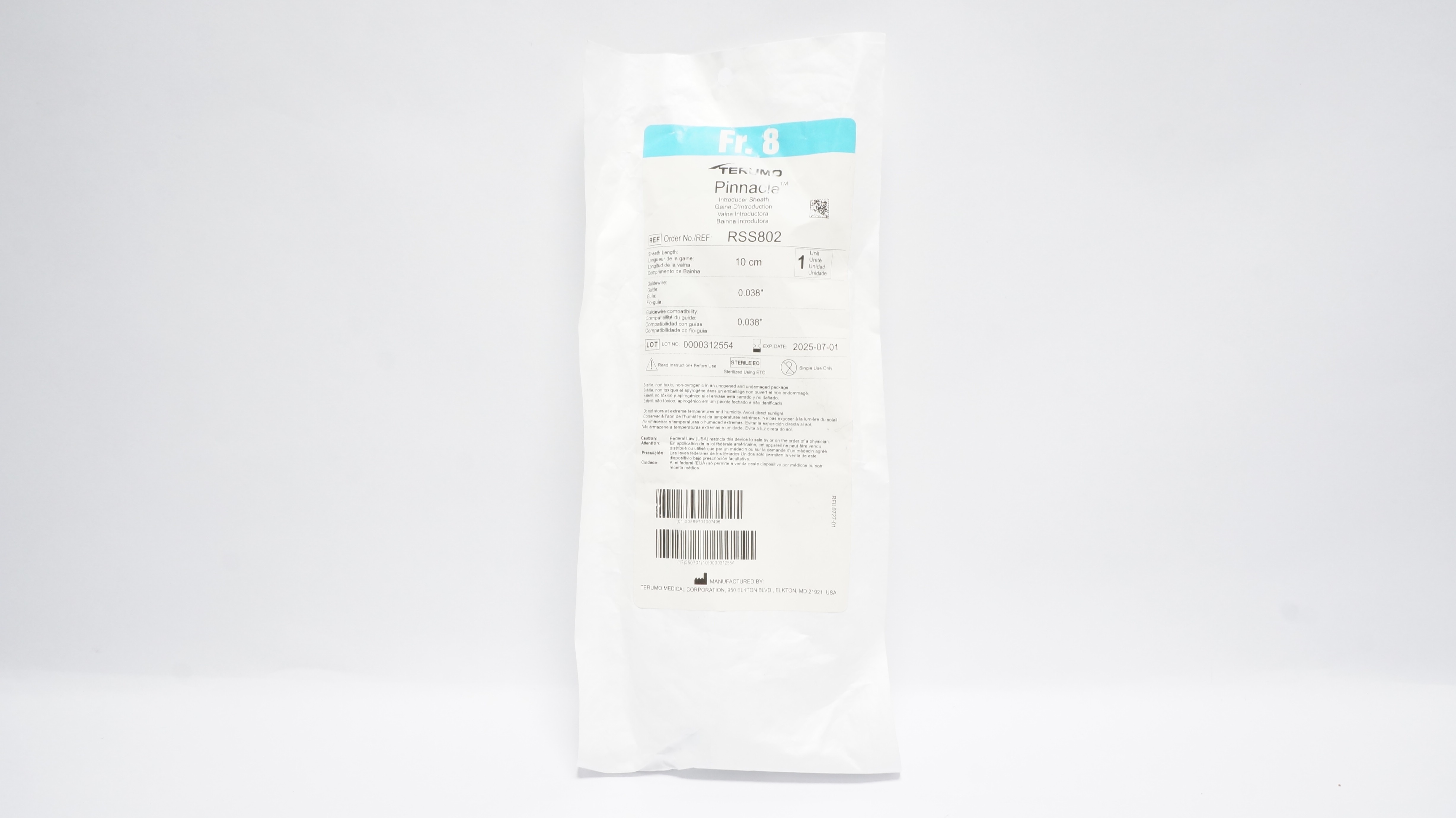 Terumo RSS802 Pinnacle Introducer Sheath 8Fr x 10cm x 0.038inch x 0.038inch (x)