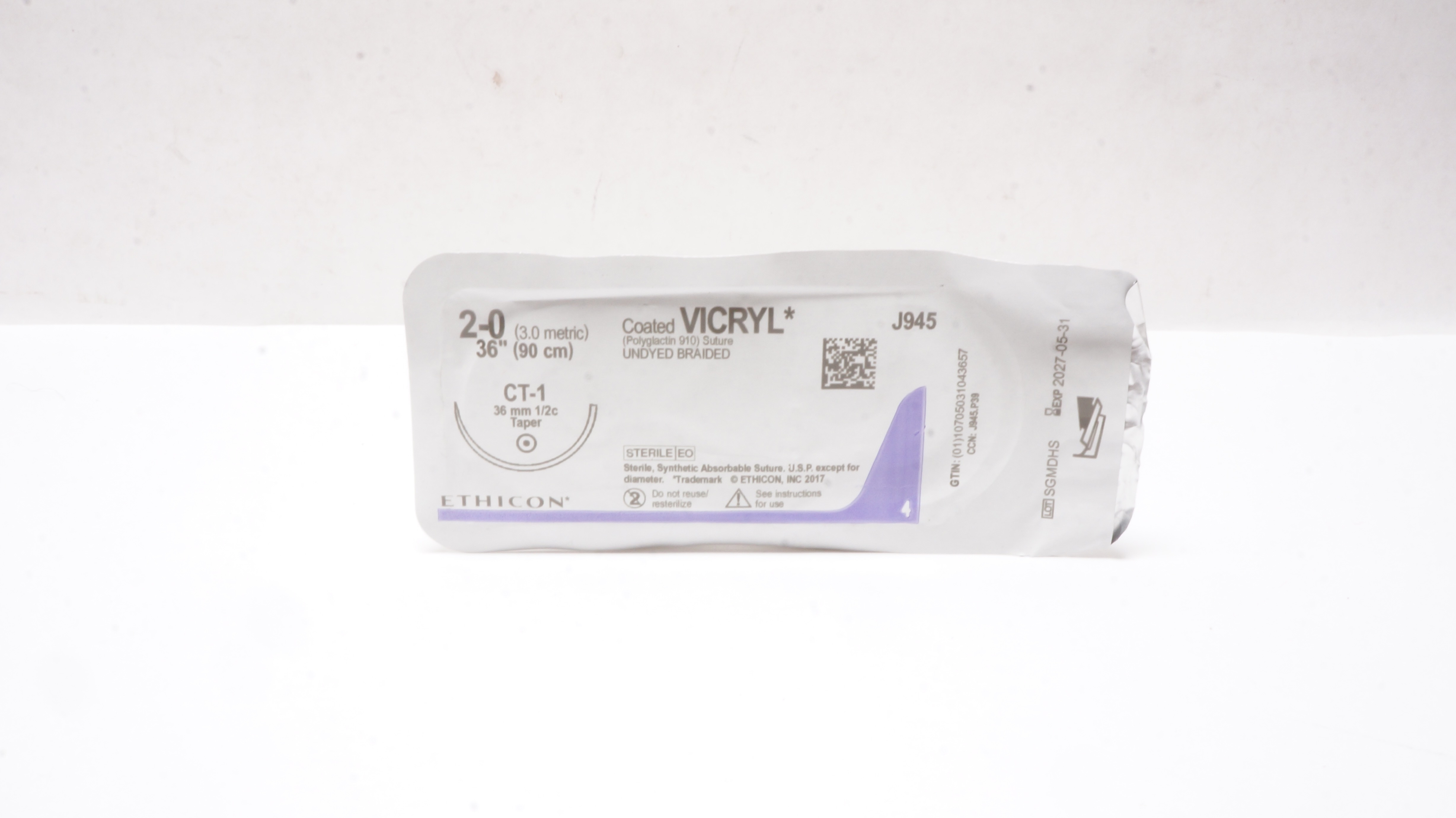 Ethicon J945 2-0 Coated VICRYL Braided Stre CT-1 36mm 1/2c Taper, 36inch