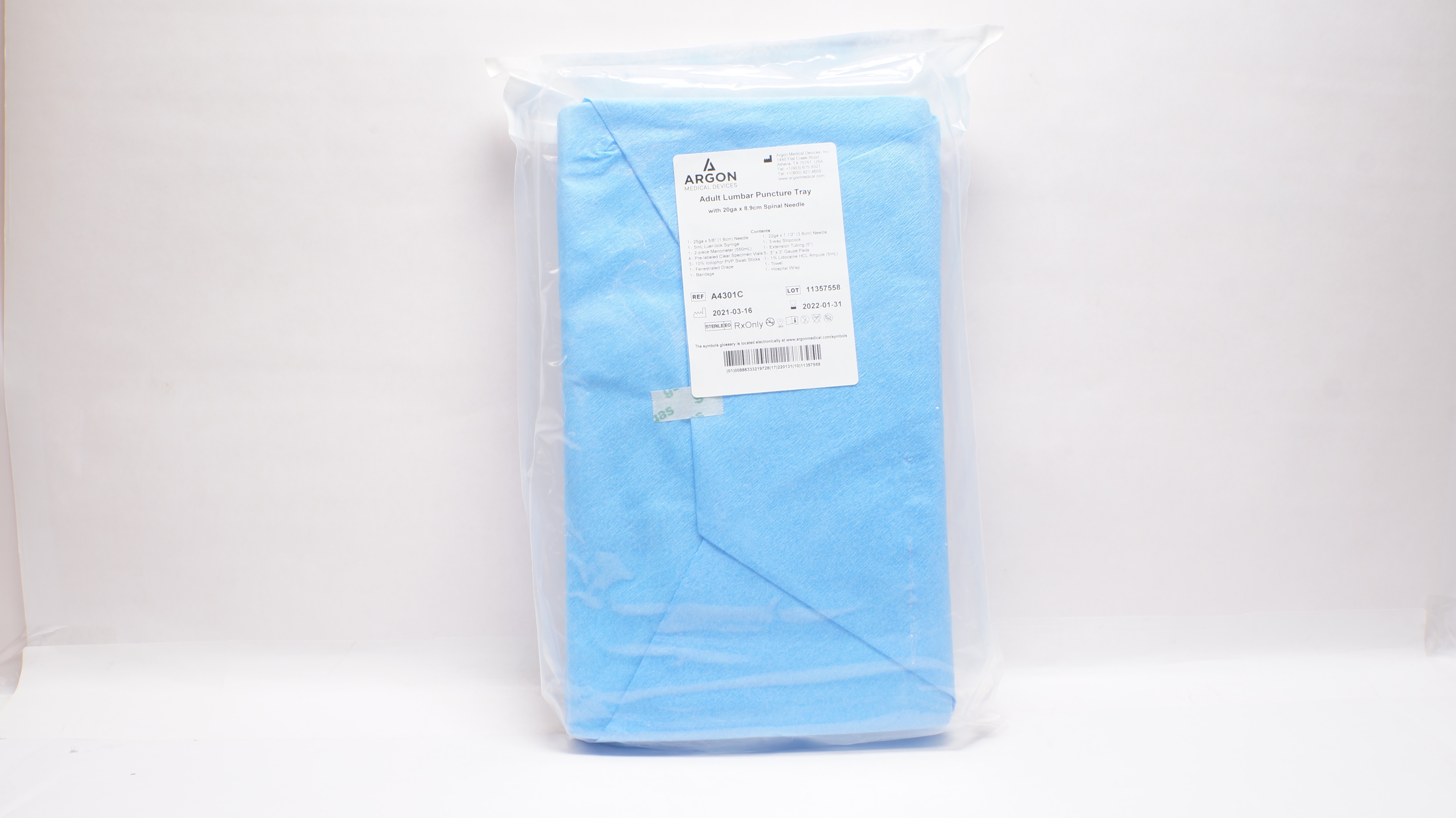 Argon A4301C Adult Lumbar Puncture Tray w/Spinal Ndle 20 ga x 8.9 cm