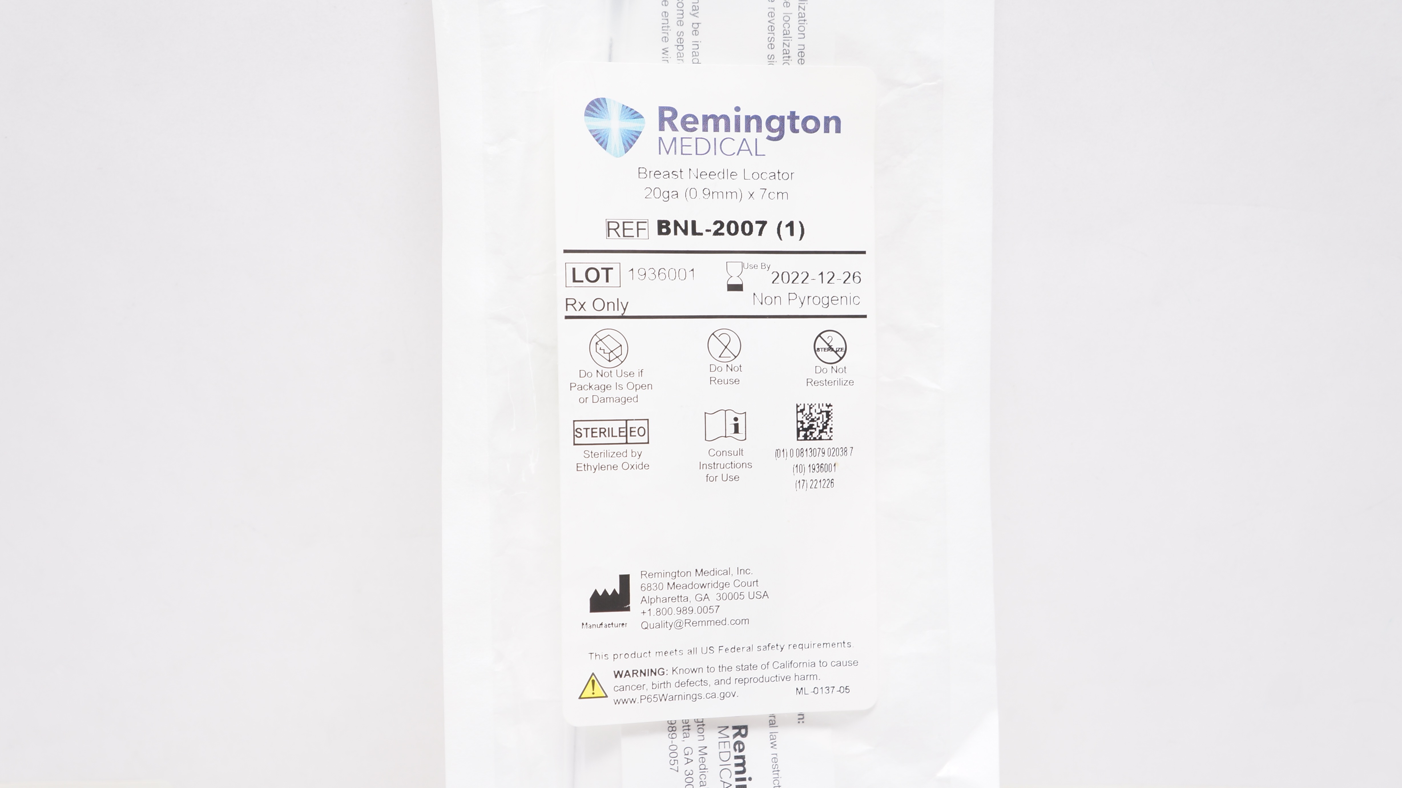 Remington Medical BNL-2007 Breast Ndle Locator 20ga x 7cm (x)