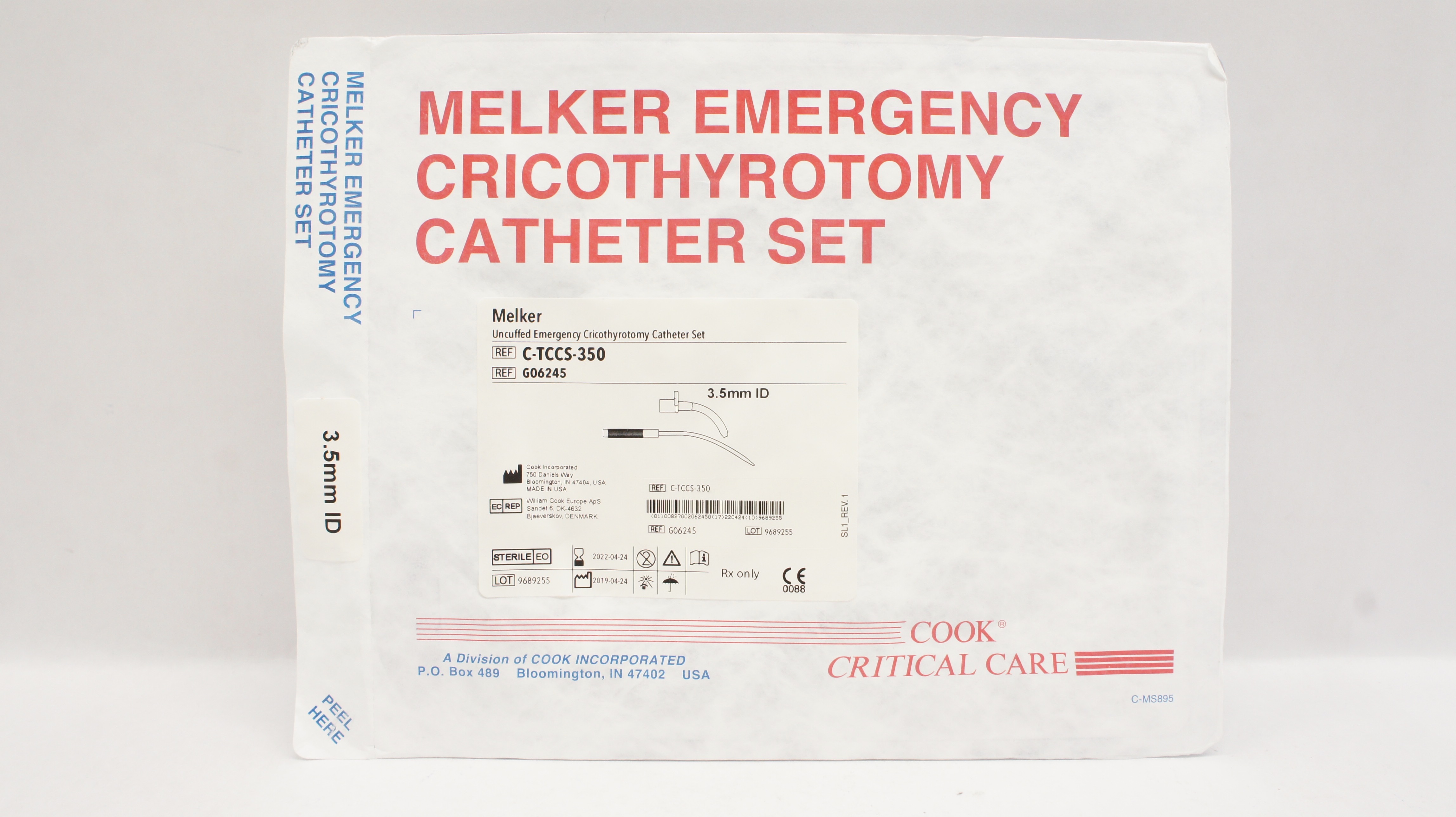 Cook G06245 Melker Uncuffed Emergency Cricothyrotomy Cath. Set 3.5mm ID (x)