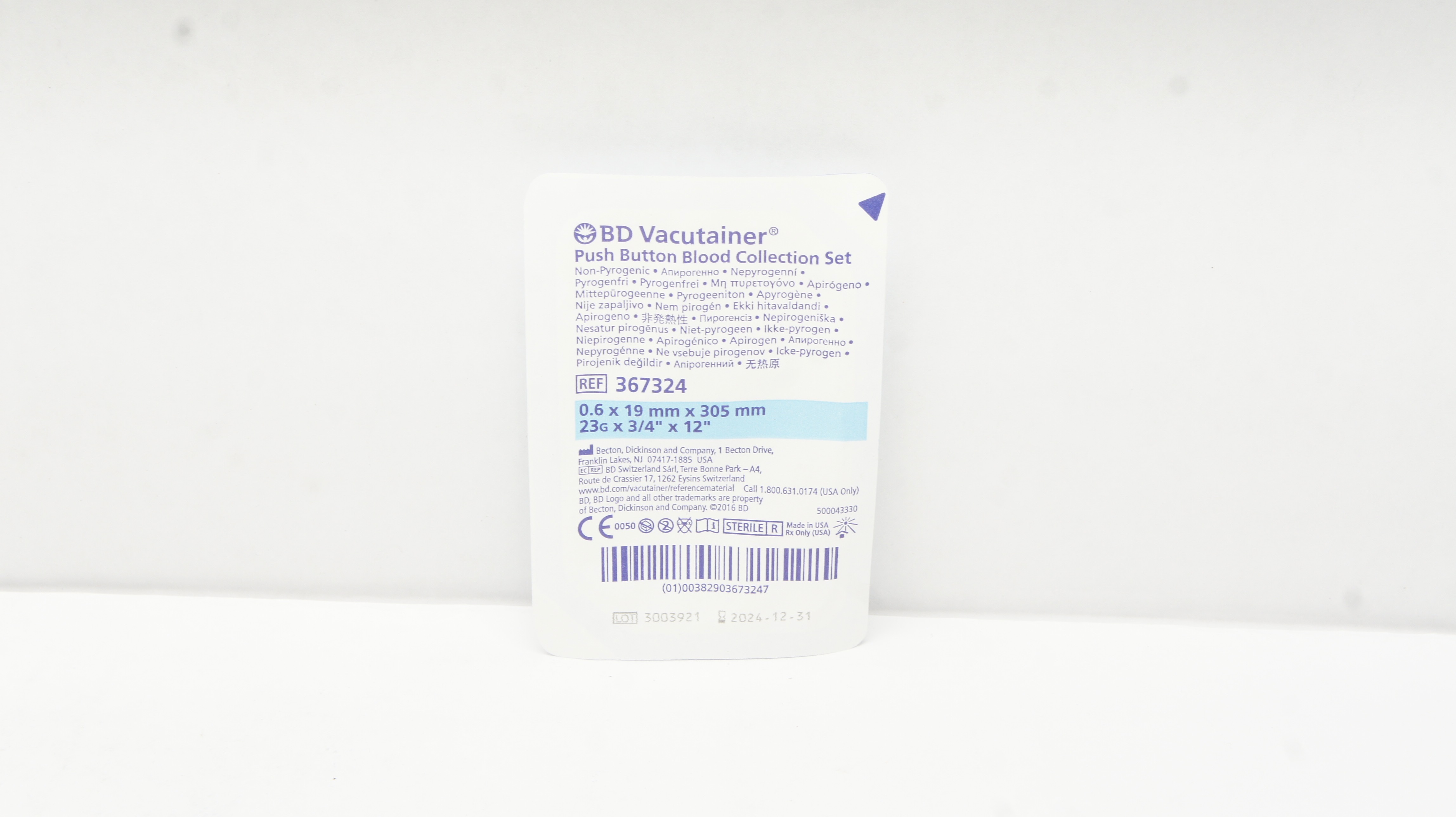 BD 367324 Vacutainer Push Button Blood Collection Set 23G x 3/4inch x 12inch