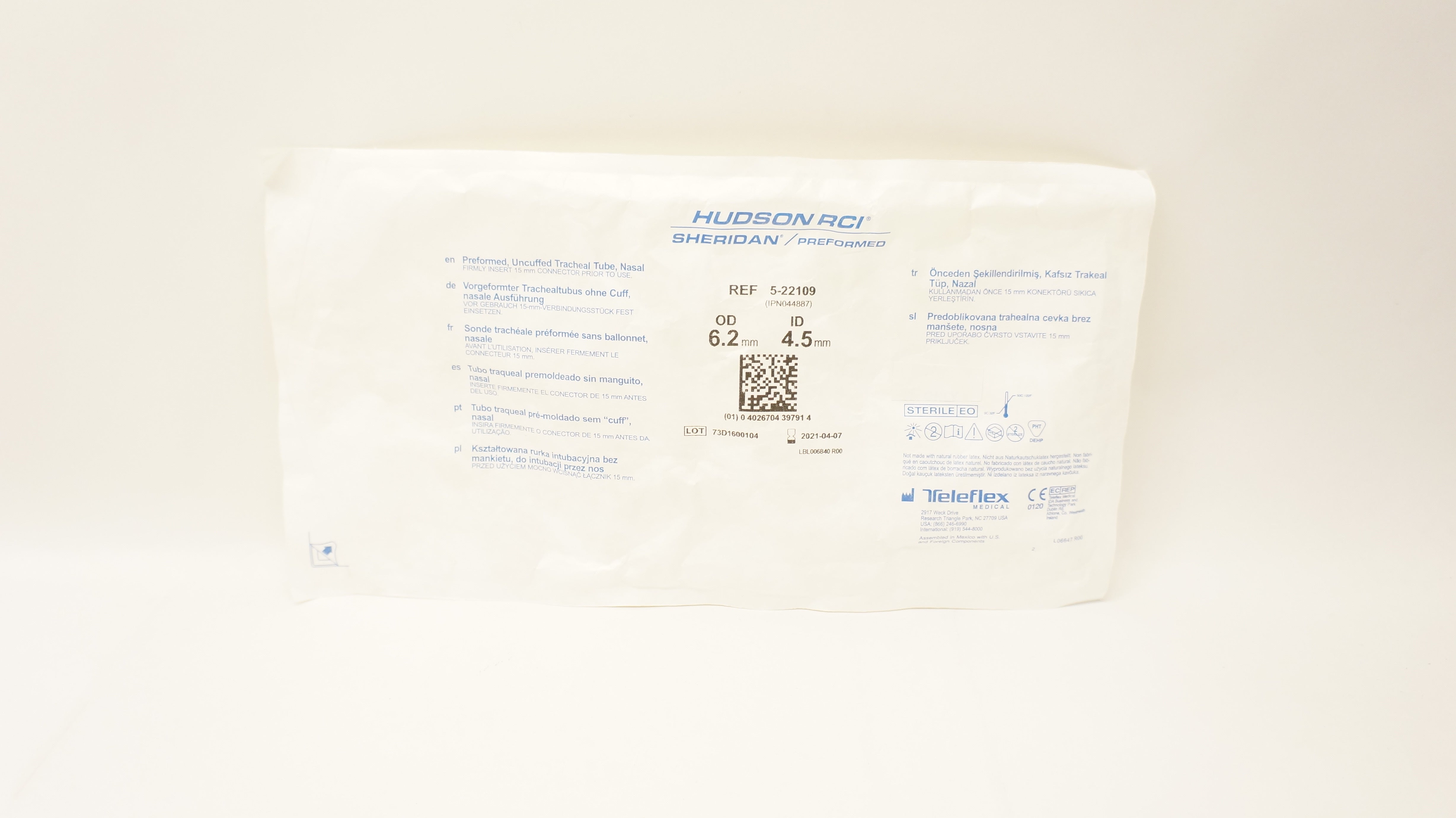 Teleflex 5-22109 Hudson RCI Sheridan Preformed Tracheal Tube 4.5mm x 6.2mm (x)