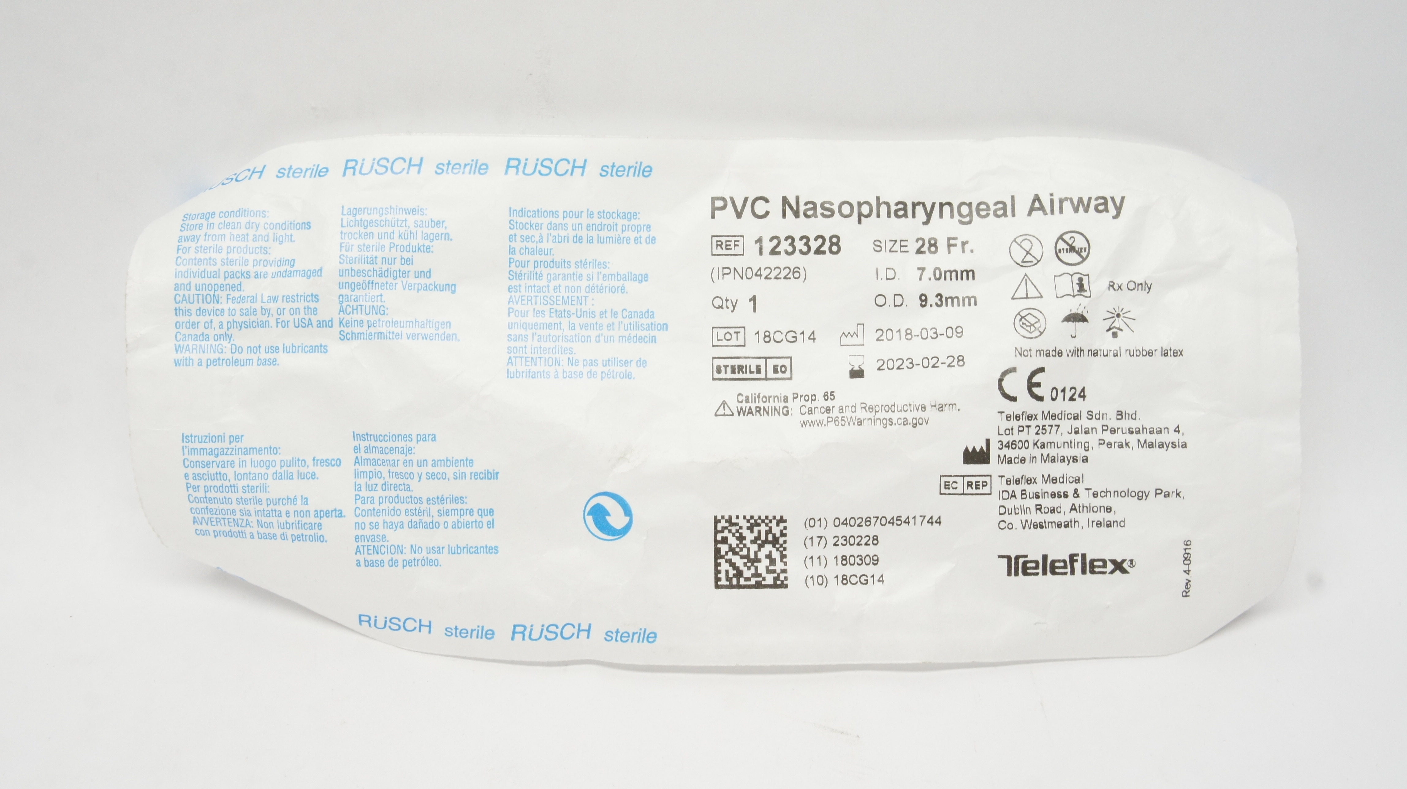 Teleflex 123328 Rusch PVC Nasopharyngeal Airway 28Fr. x ID 7.0mm x OD 9.3mm (x)