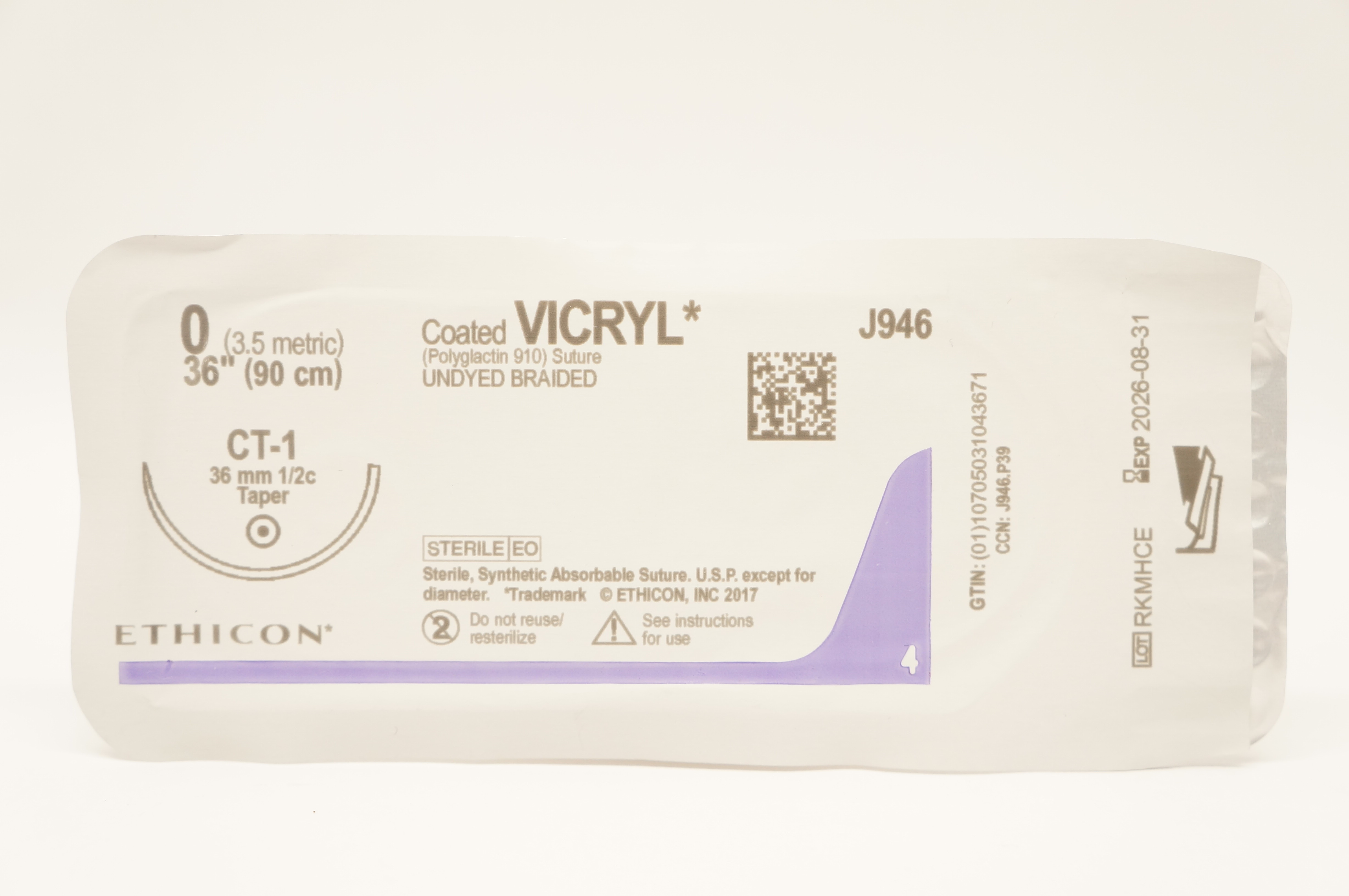 Ethicon J946 0 Coated VICRYL Stre Undyed Braided CT-1 36mm 1/2c Taper, 36inch