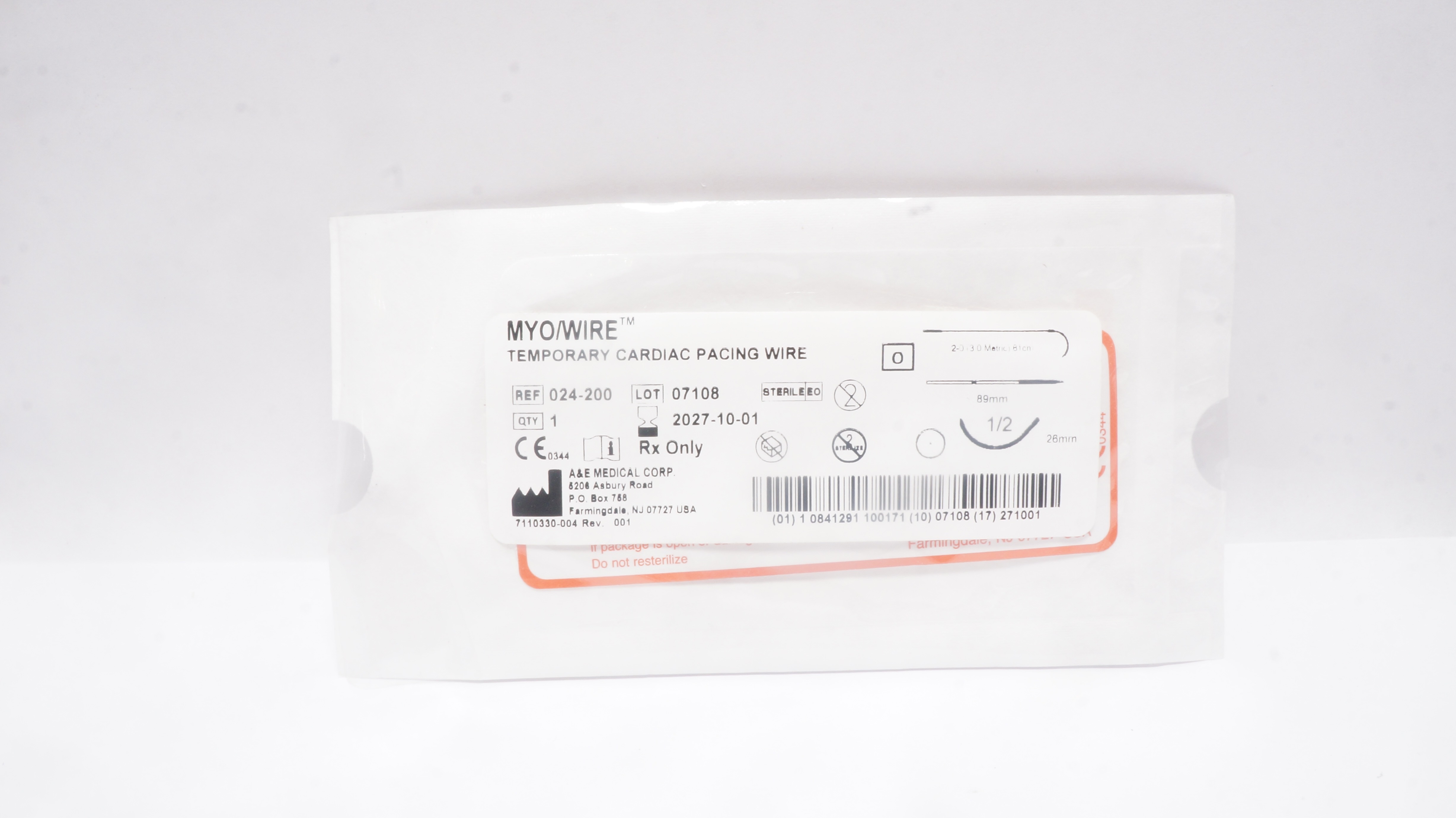 A&E 024-200 2-0 Myo/Wire Medical Temporary Cardiac Pacing Wire 1/2c 26mm, 61cm