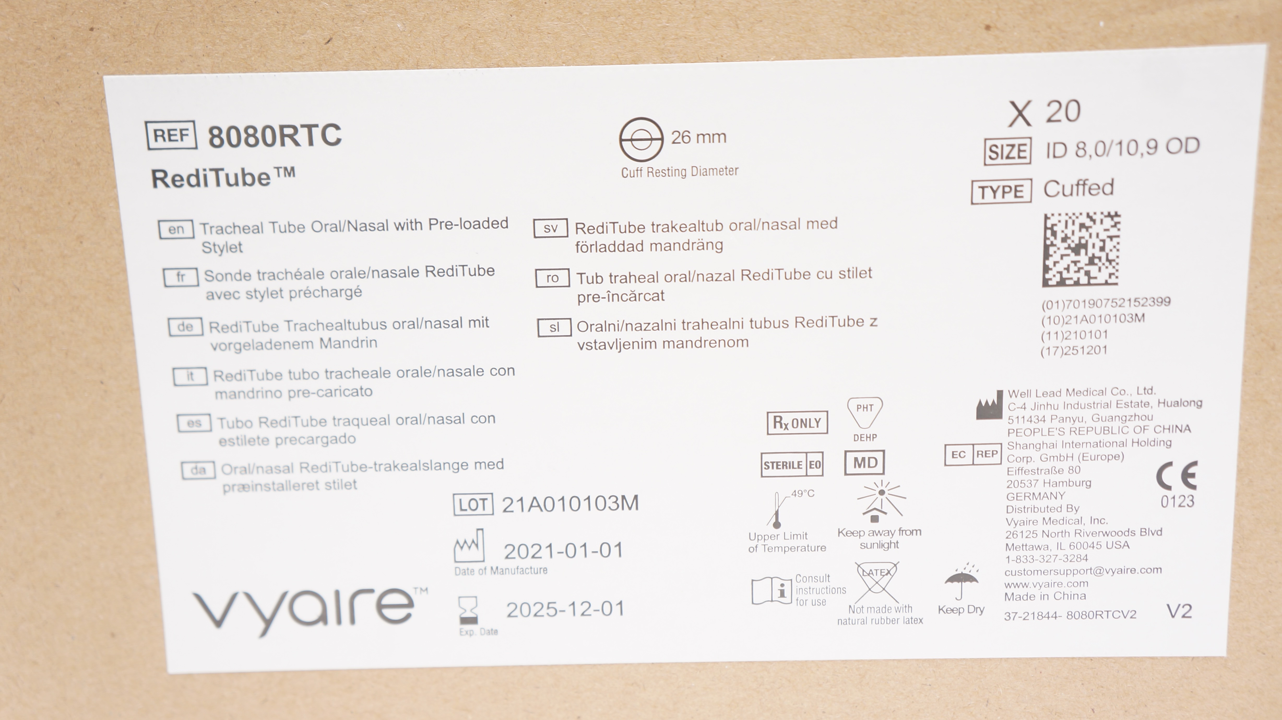 Vyaire 8080RTC RediTube Cuffed Tracheal Tube 8.0ID x 10.9OD x 26mm - Case of 20