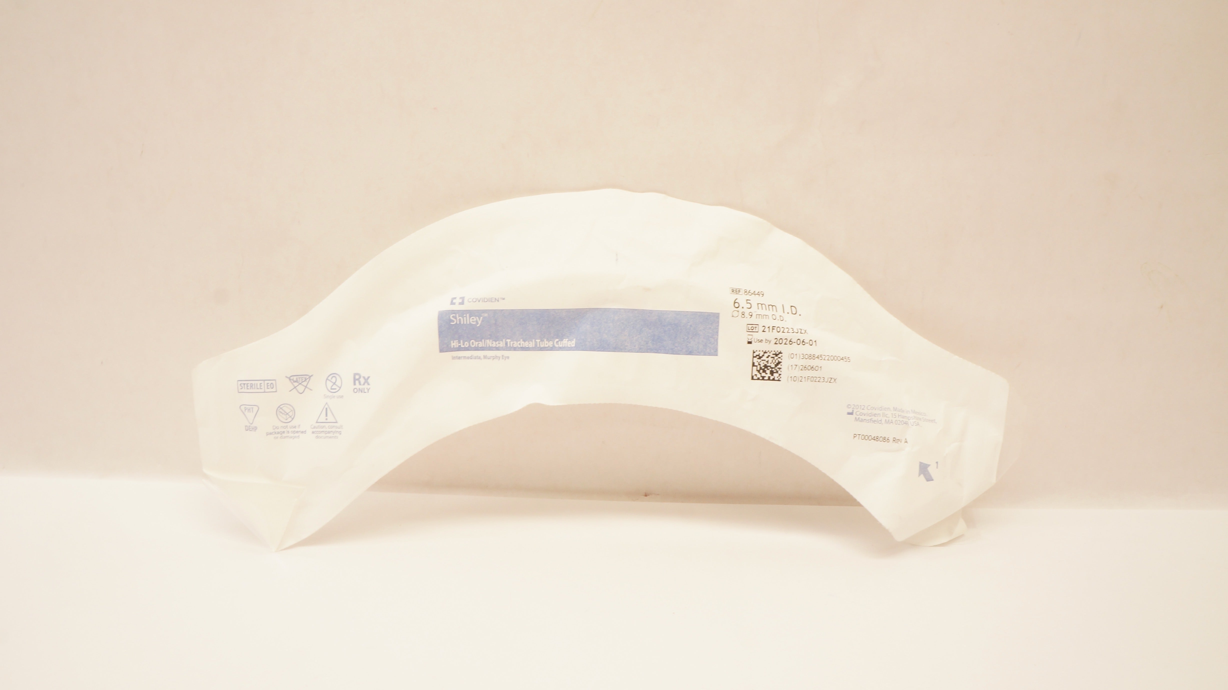 Covidien 86449 Shiley Hi-Lo Oral/Nasal Tracheal Tube Cuffed 6.5mm ID x 8.9mm OD