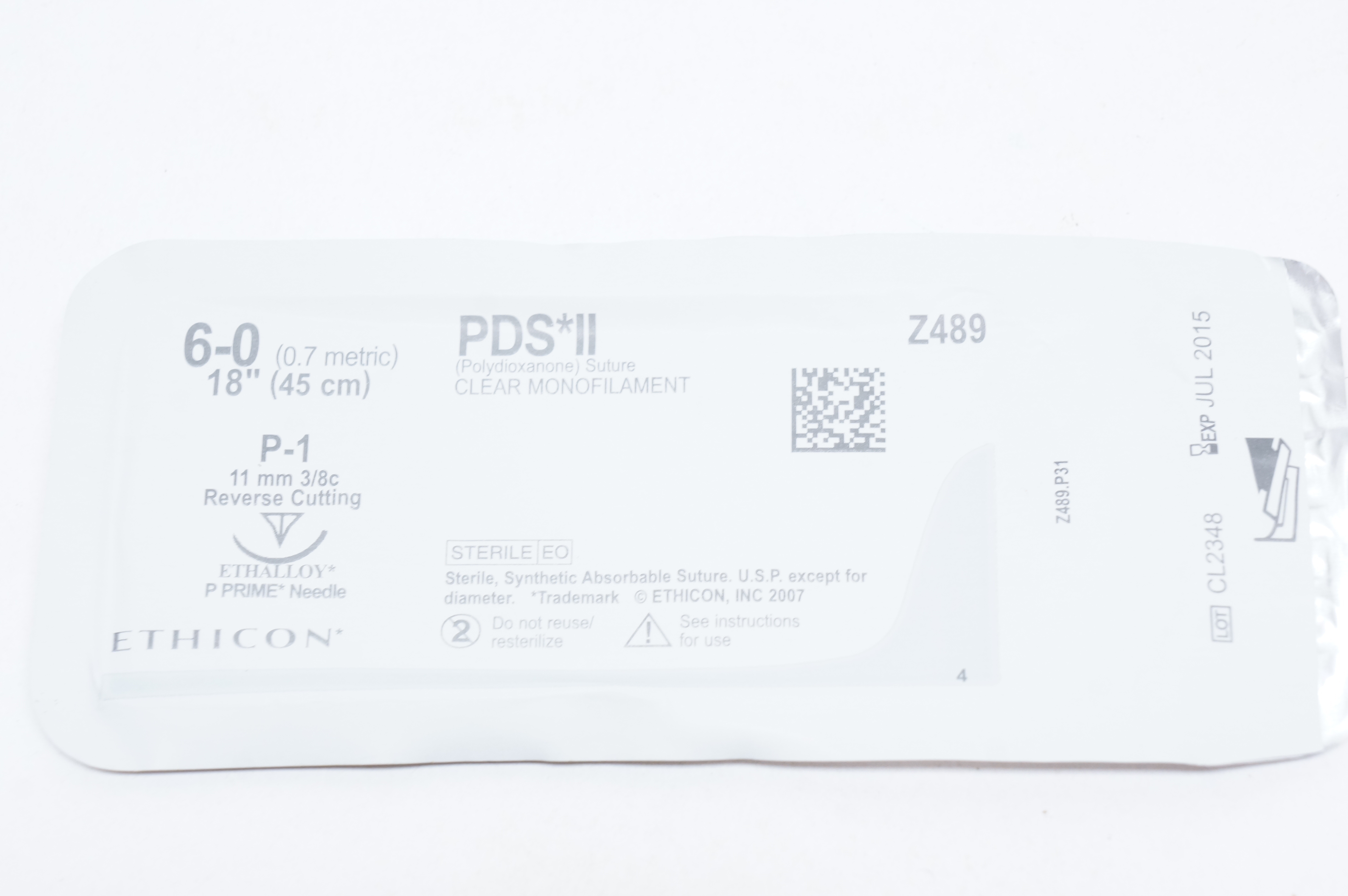 Ethicon Z489 6-0 PDS II, P-1, 11mm 3/8c Reverse Cutting, 18inch (x)