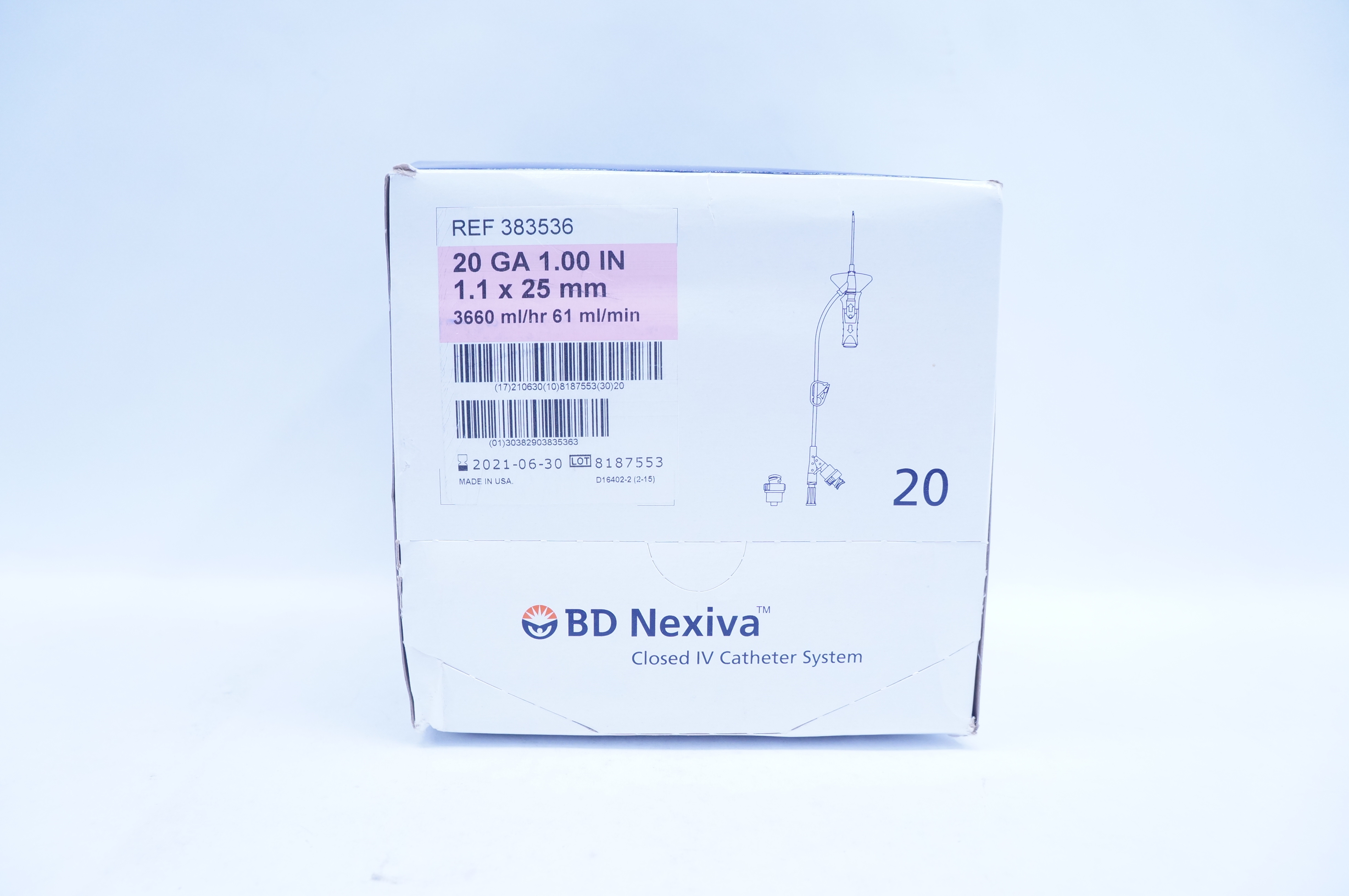 BD 383536 Nexiva Closed IV Cath. System 20 Ga. x 1.00 inch - Box of 20
