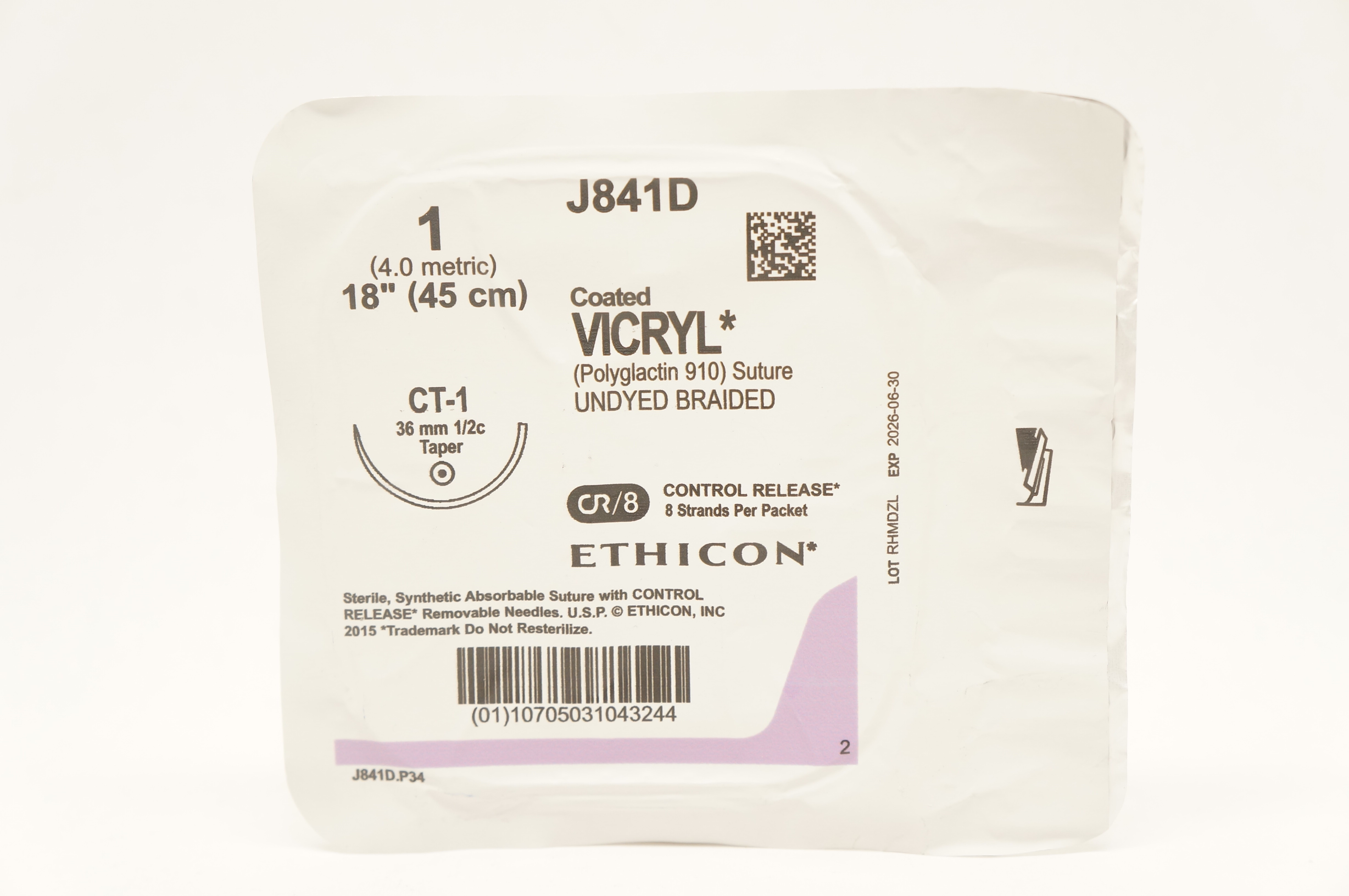 Ethicon J841D 1 Coated VICRYL Polyglactin Stre CT-1 36mm 1/2c Taper, 18inch