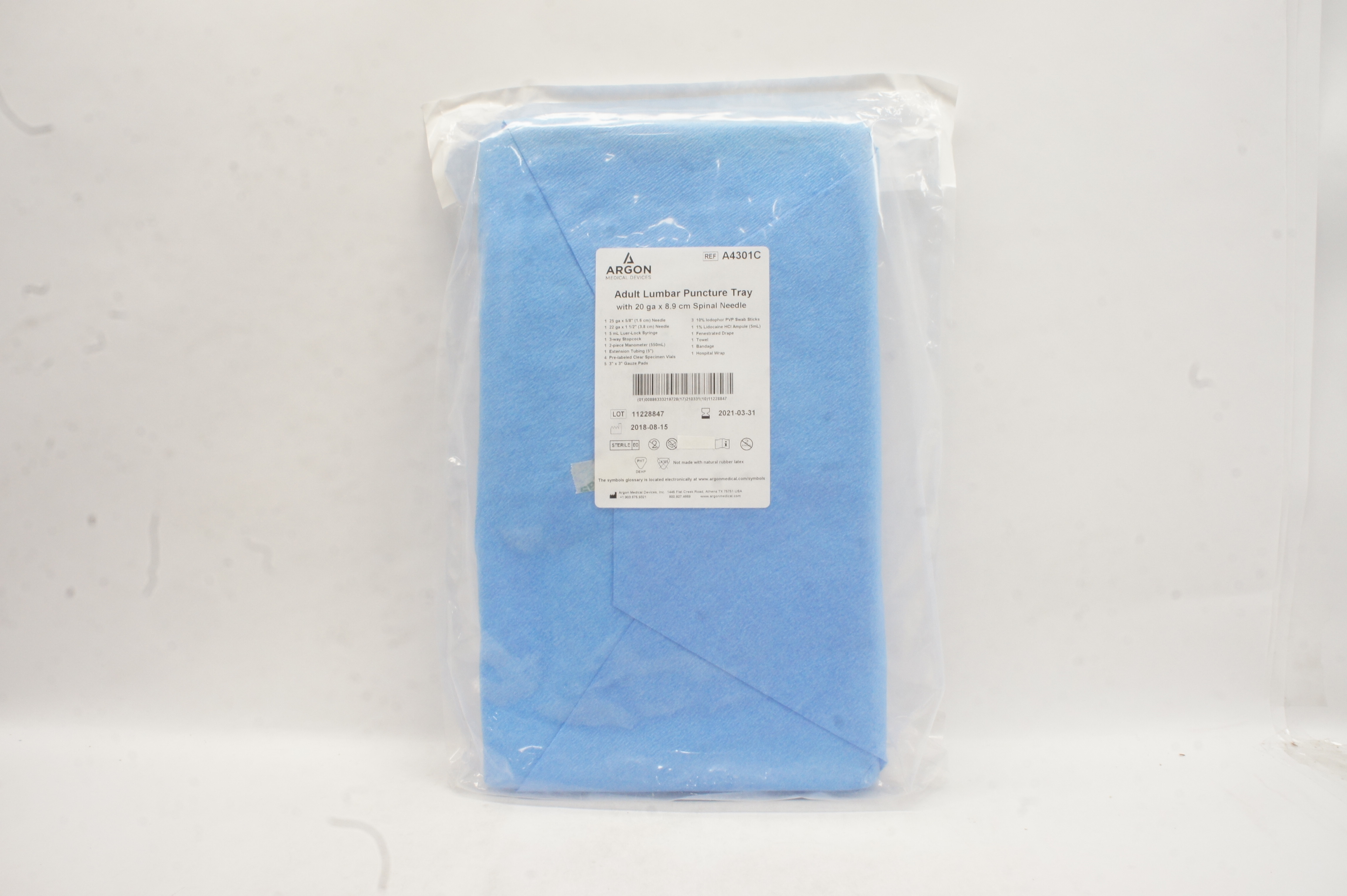 Argon A4301C Adult Lumbar Puncture Tray w/Spinal Ndle 20 ga x 8.9 cm (x)