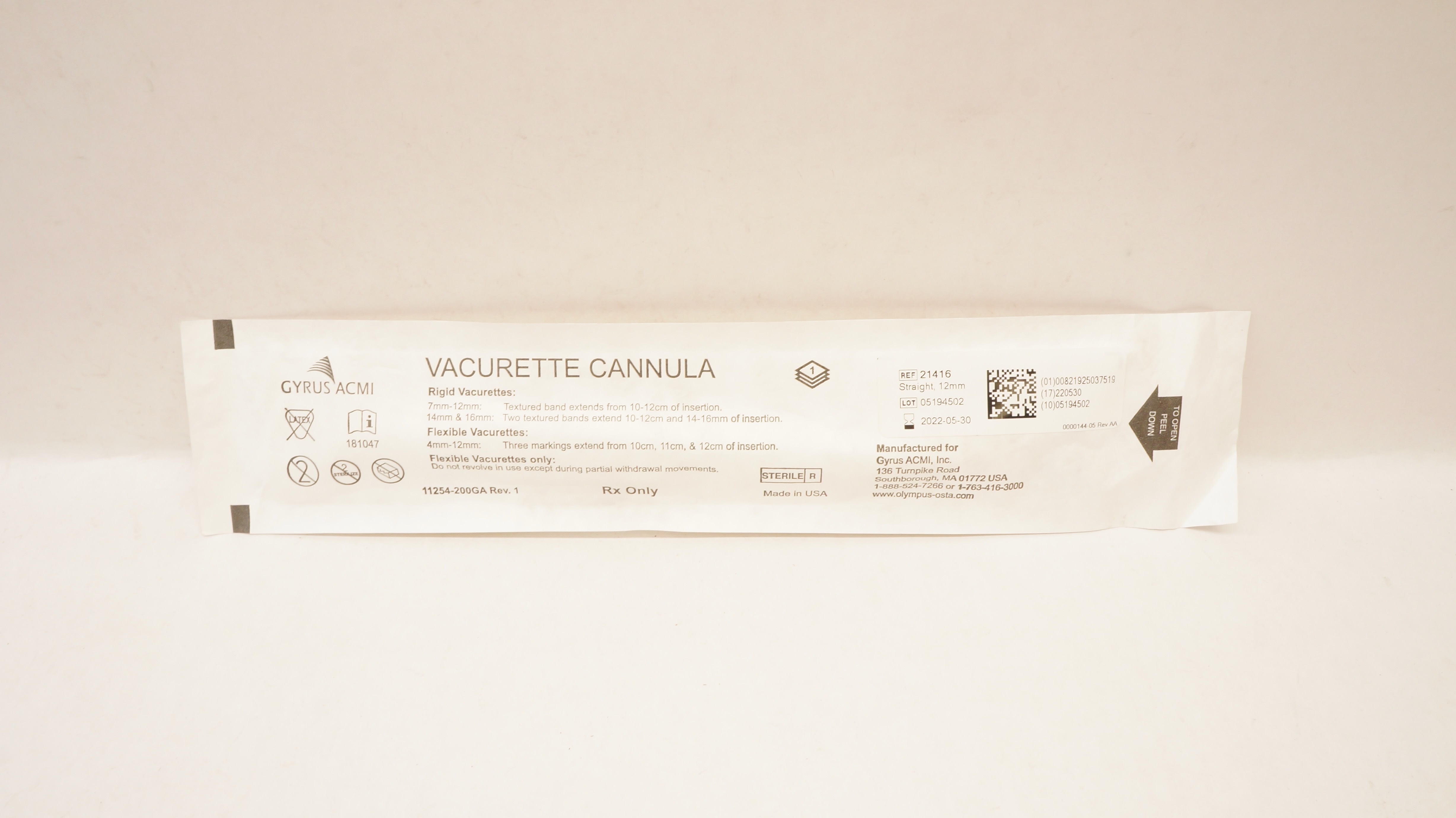 Gyrus ACMI 21416 Vacurette Cannula Outside Diameter 12mm Straight Rigid (x)