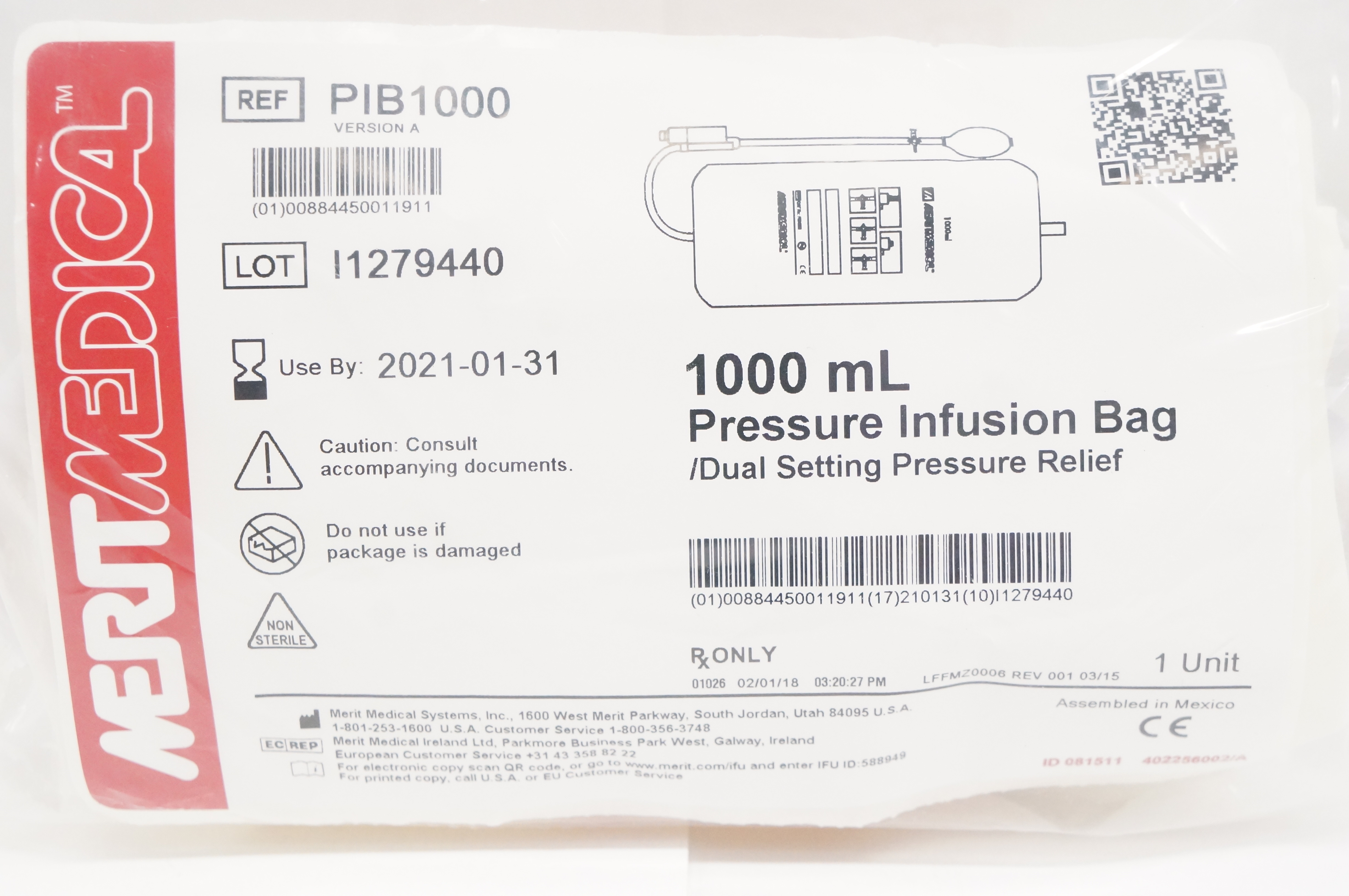 Merit Medical PIB1000 1000mL Pressure Infusion Bag Dual Setting Pressure (x)