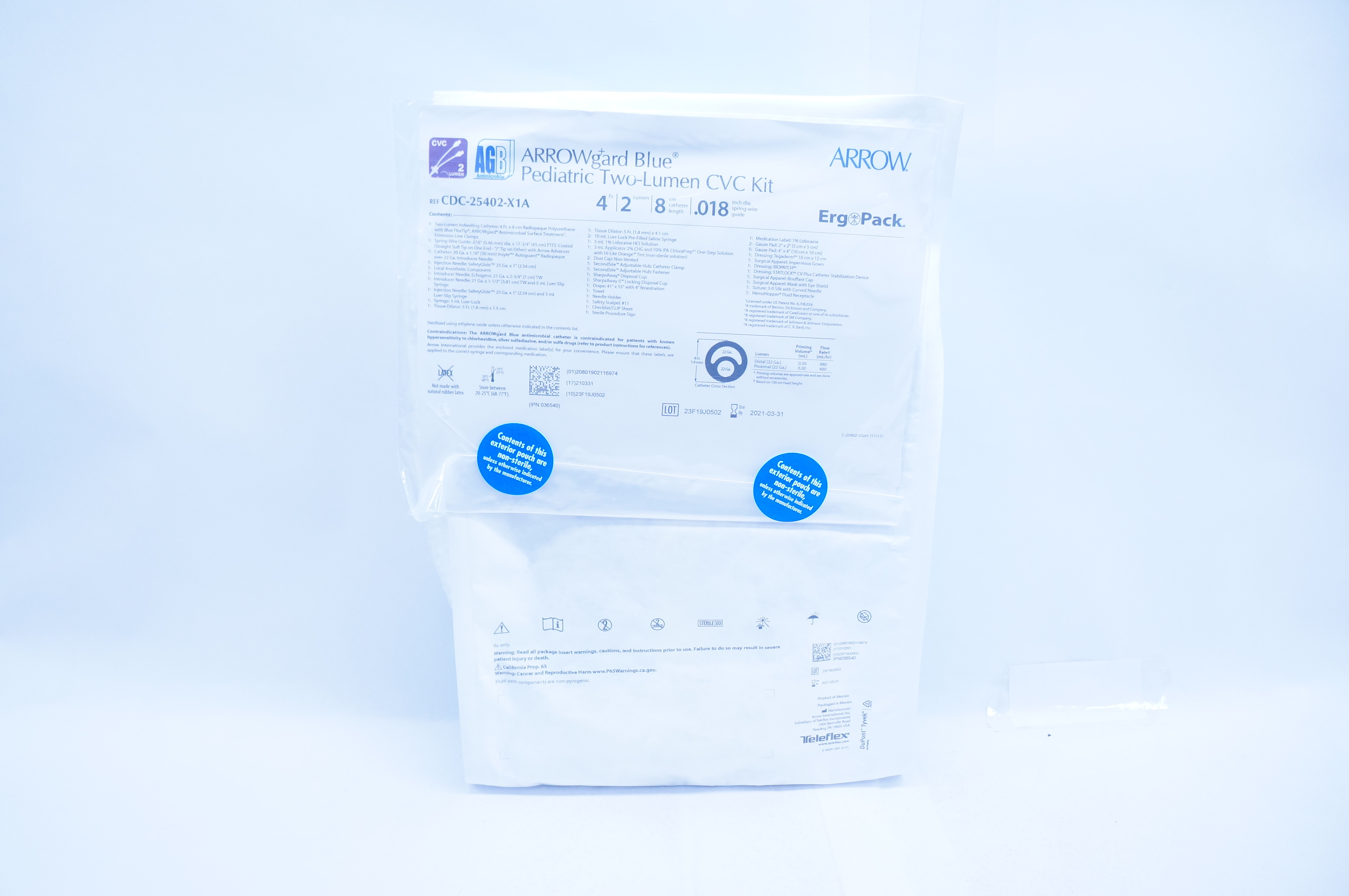 Arrow CDC-25402-X1A AGB Pediatric Two-Lumen CVC Kit 4Fr  x 8cm x .018inch