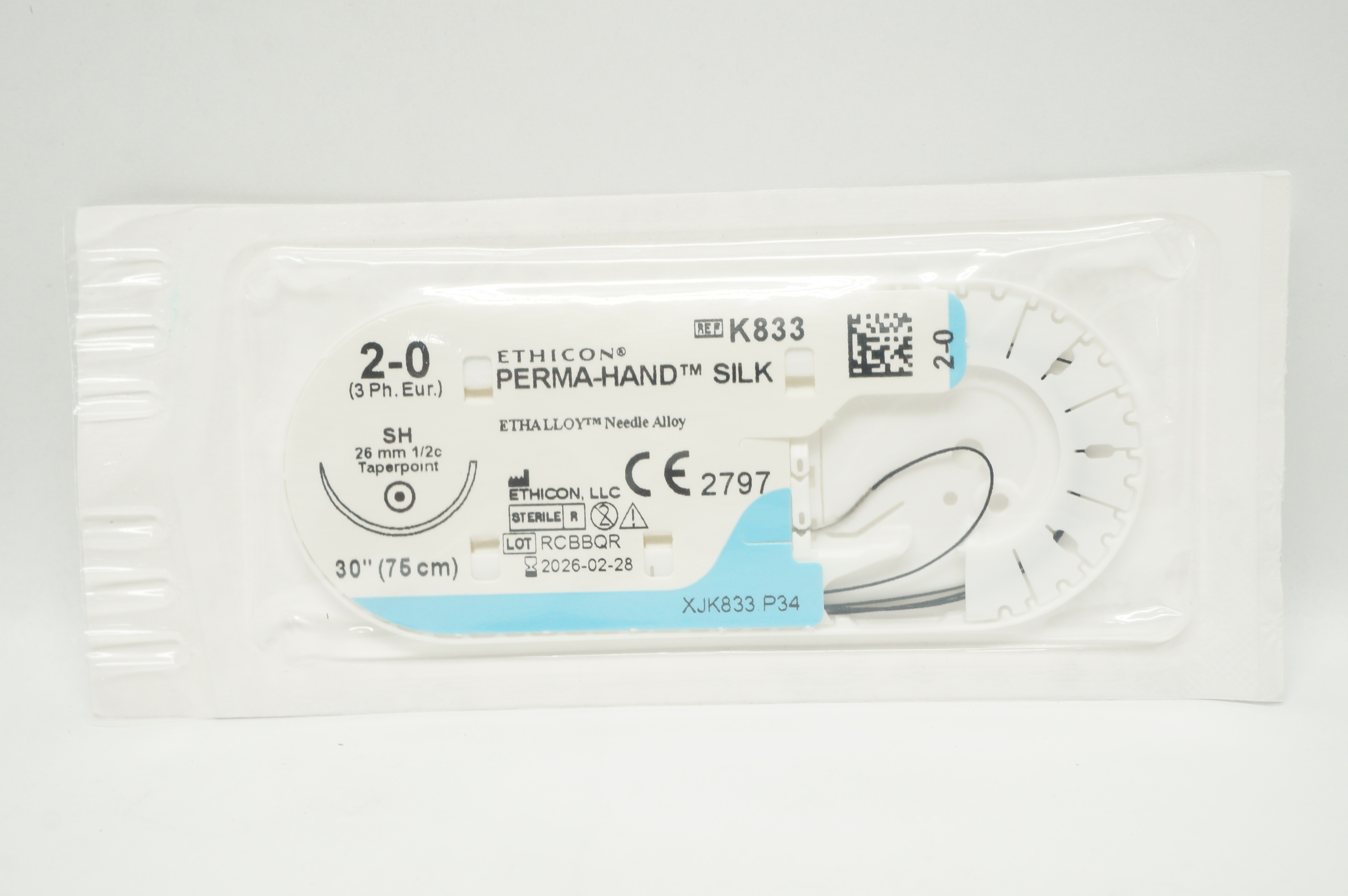 Ethicon K833 2-0 PERMA-HAND SILK SH 26mm 1/2c Taper 30inch