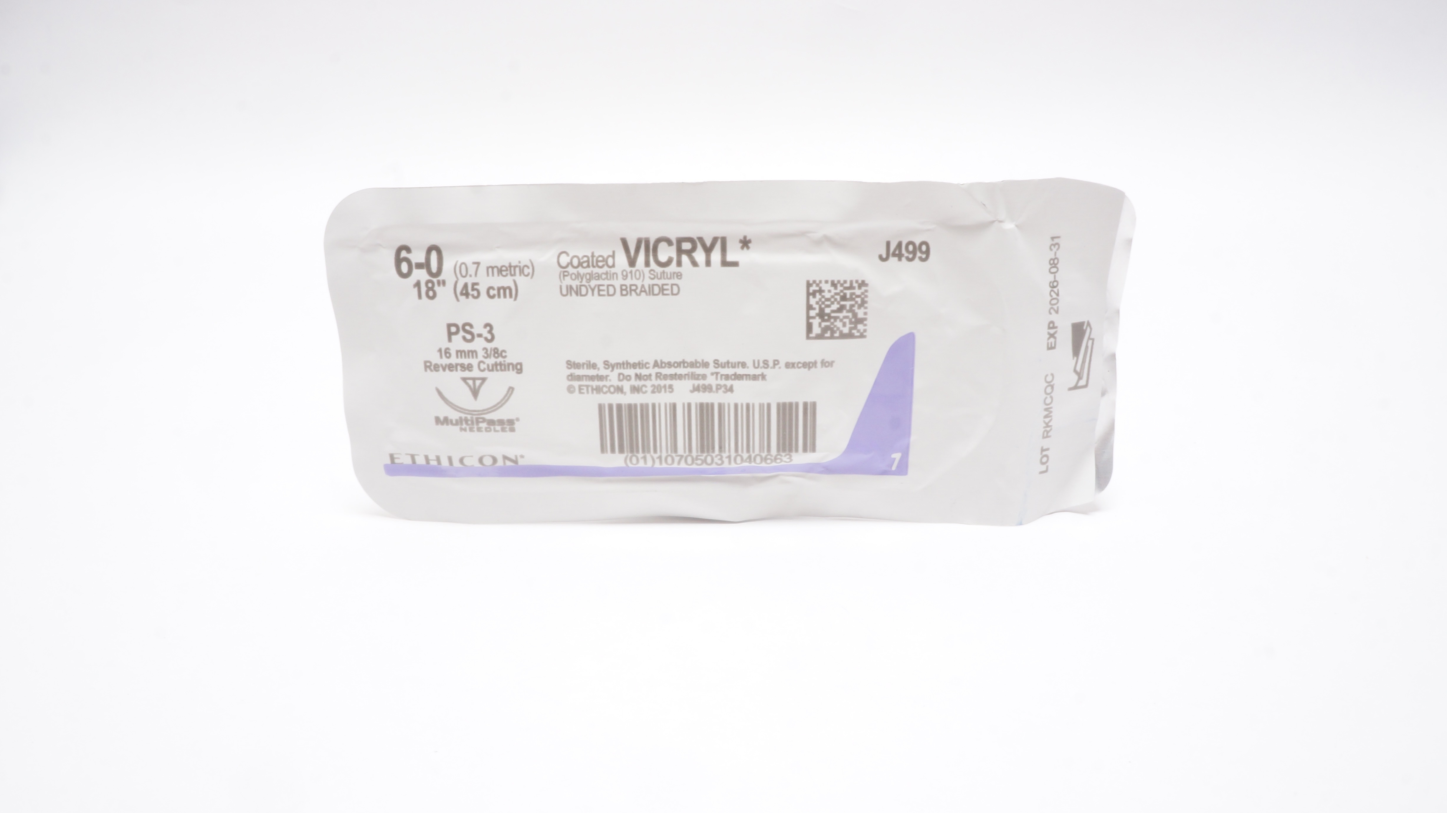 Ethicon J499 6-0 Coated Vicryl Undyed Braided PS-3 16mm 3/8c Reverse Cutting18in