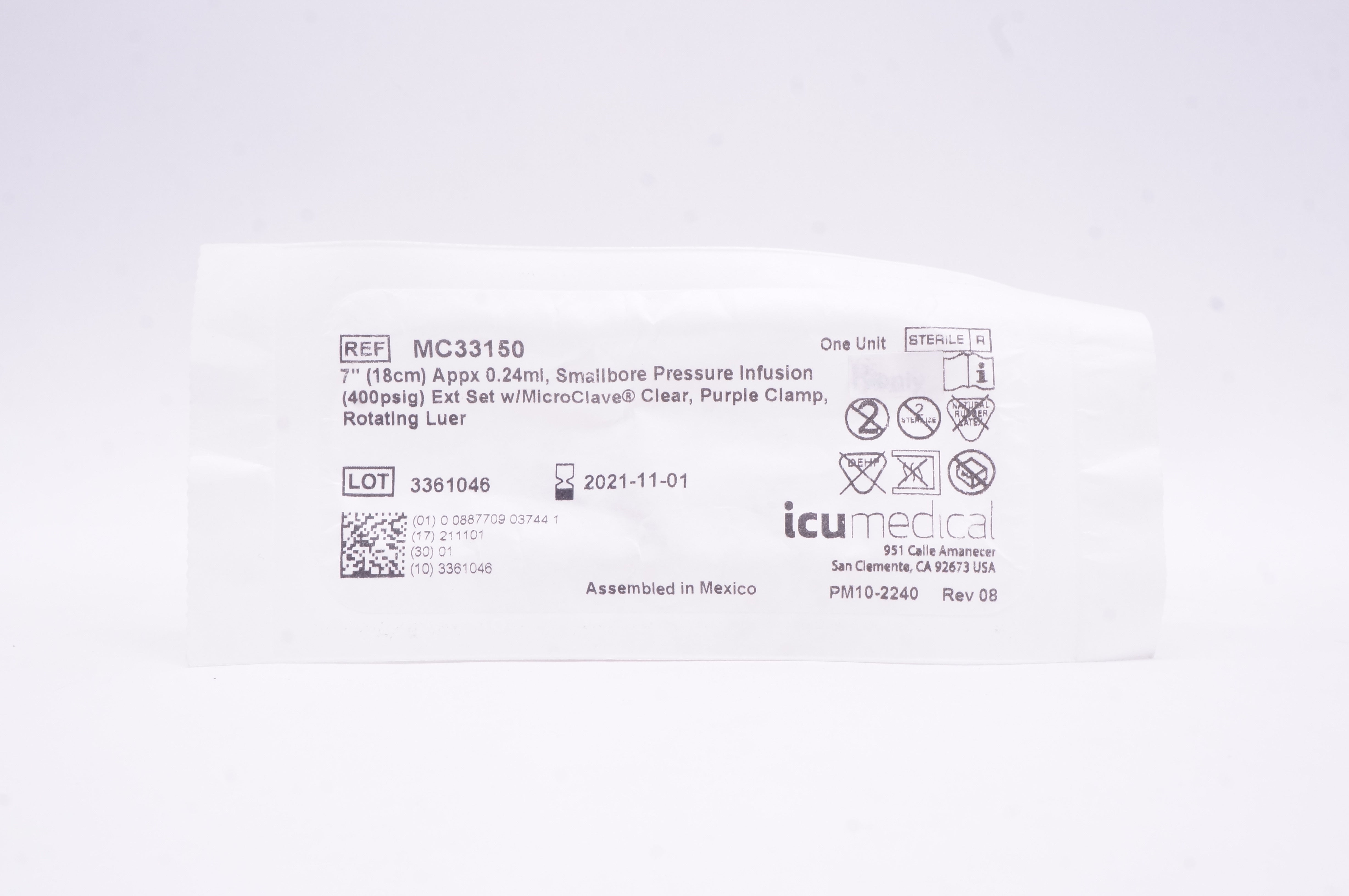 ICU Medical MC33150 Smallbore Pressure Infusion Extension Set 7 inch x 0.24ml