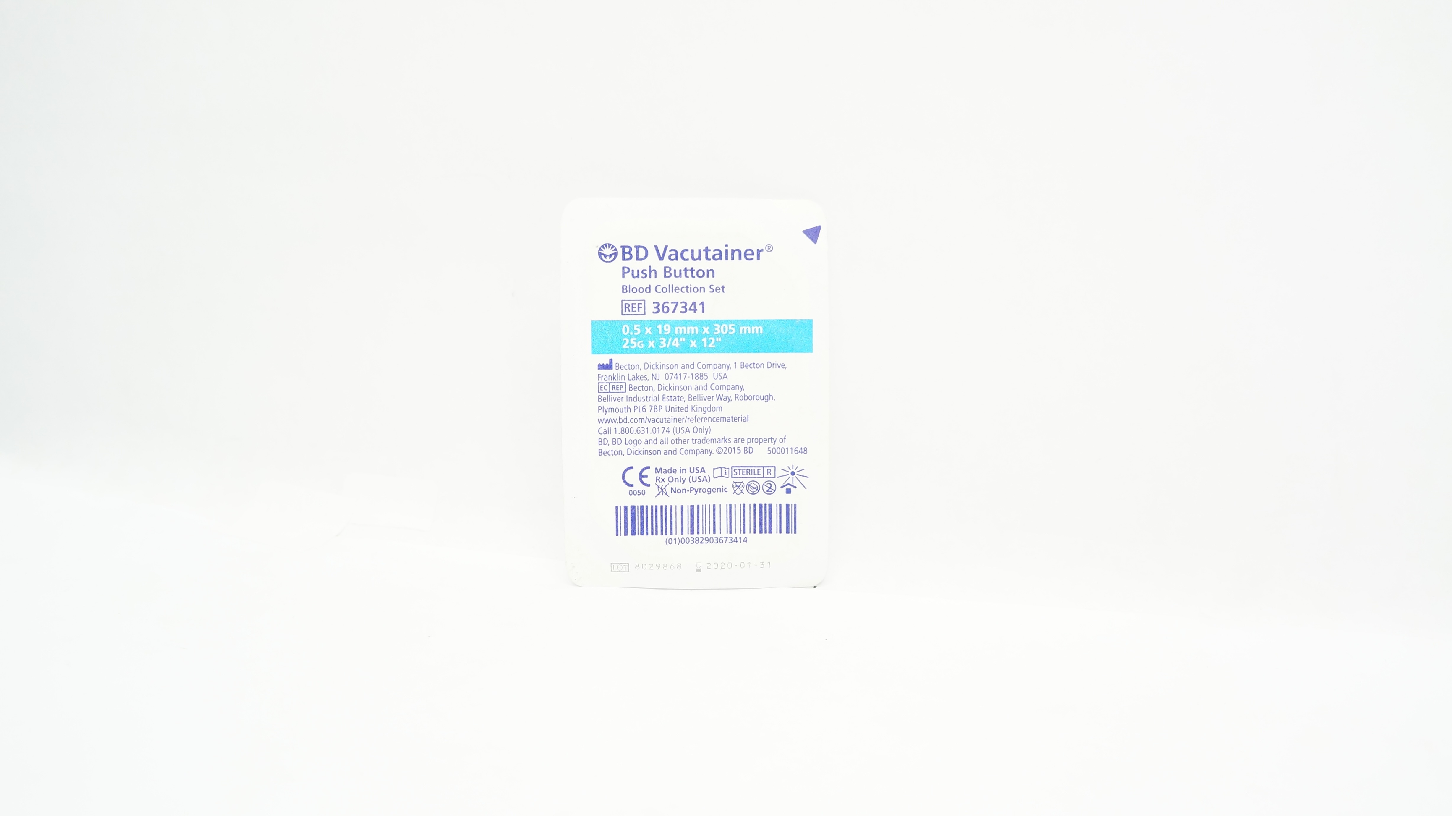 BD 367341 Vacutainer Push Button Blood Collection Set 25G x 3/4inch x 12inch (x)