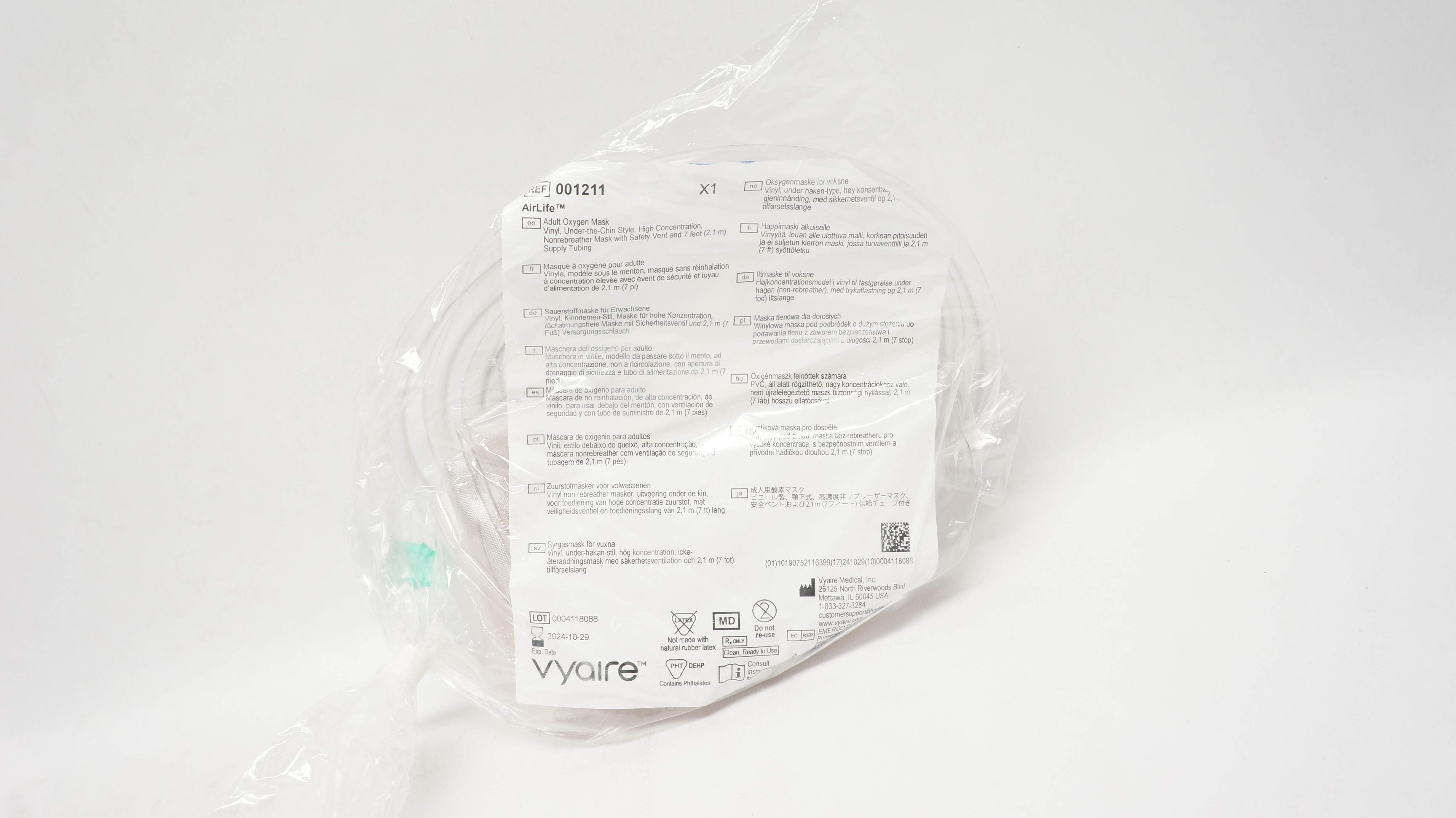 Vyaire 001211 Airlife Adult Oxygen Mask Vinyl Under-the-Chin Style