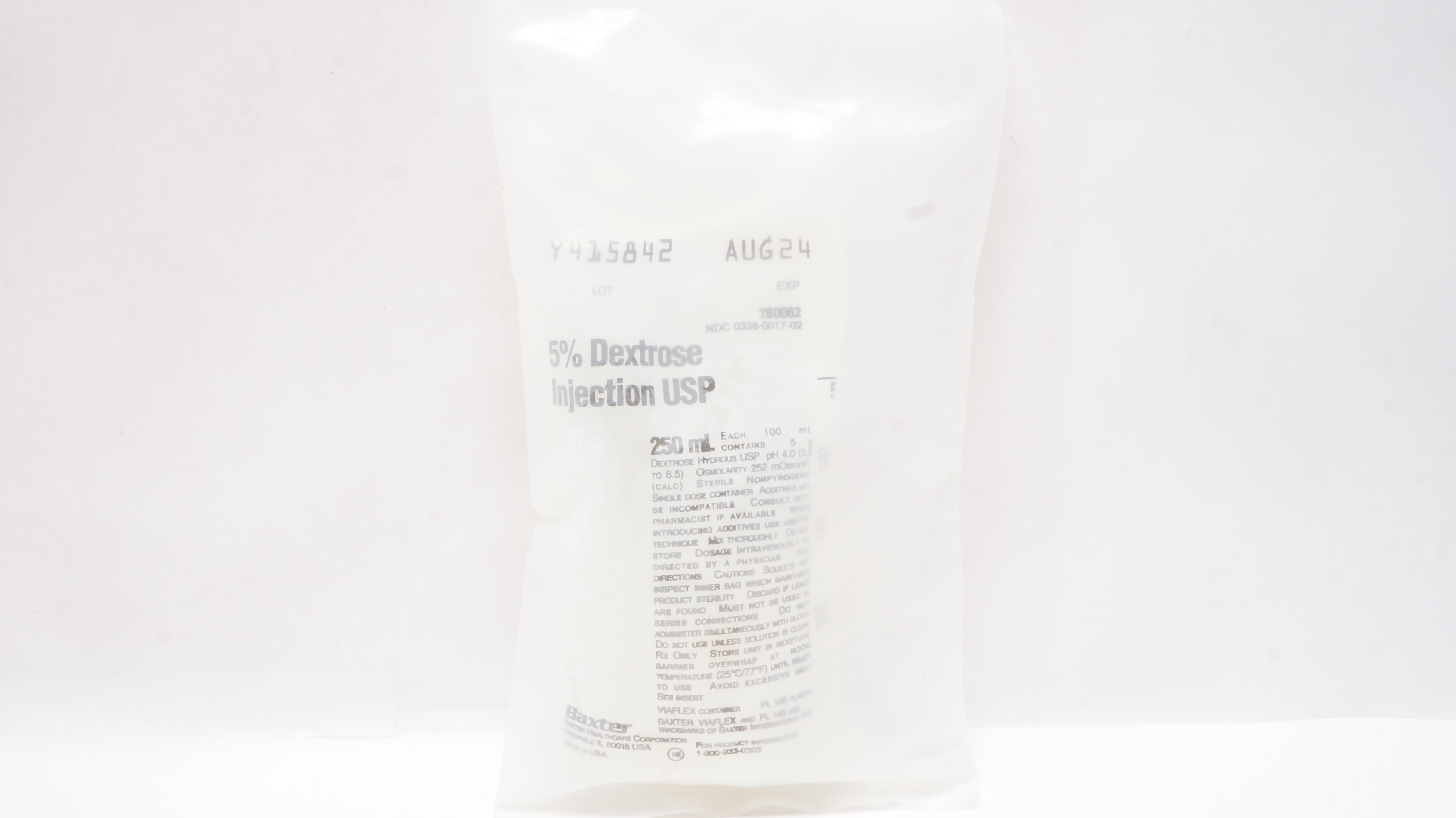 Baxter 2B0062 5% Dextrose Injection USP 250 mL