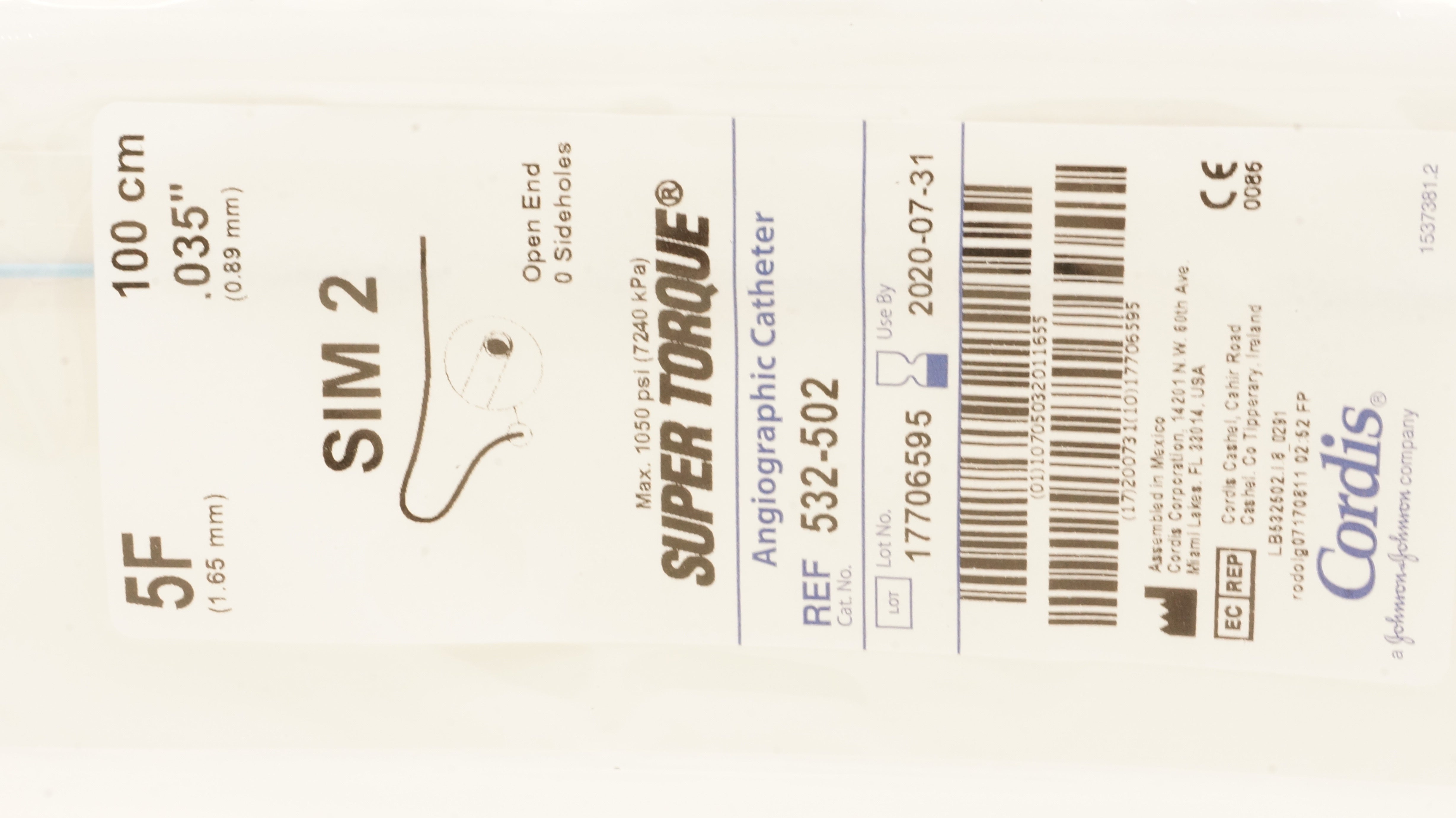 Cordis 532-502 SIM 2 Super Torque Angiographic Cath. 5F x 100cm x .035inch (x)