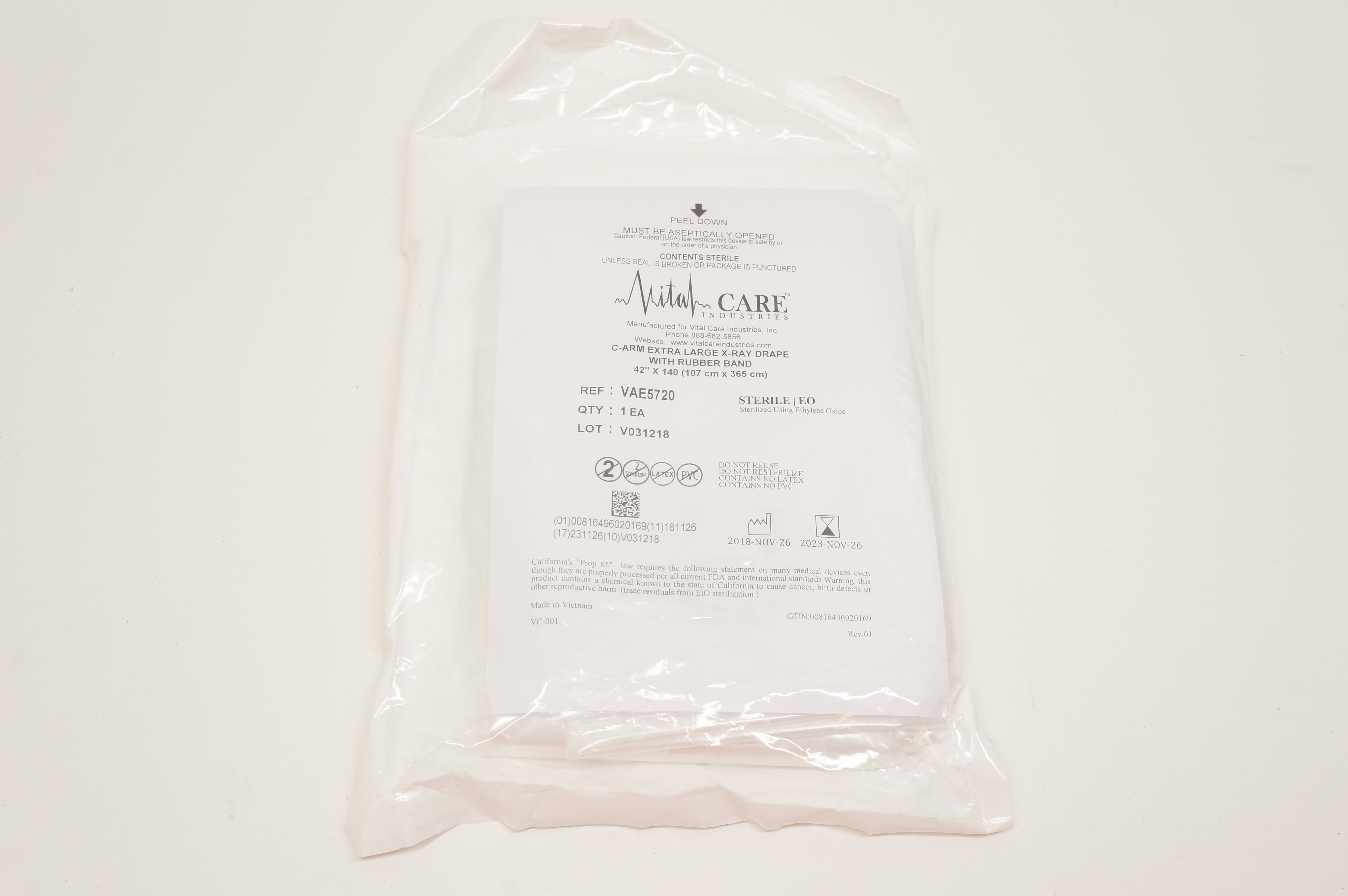 Vital Care VAE5720 C-ARM Extra Large X-Ray Drape with Rubber Band 42inch x 140