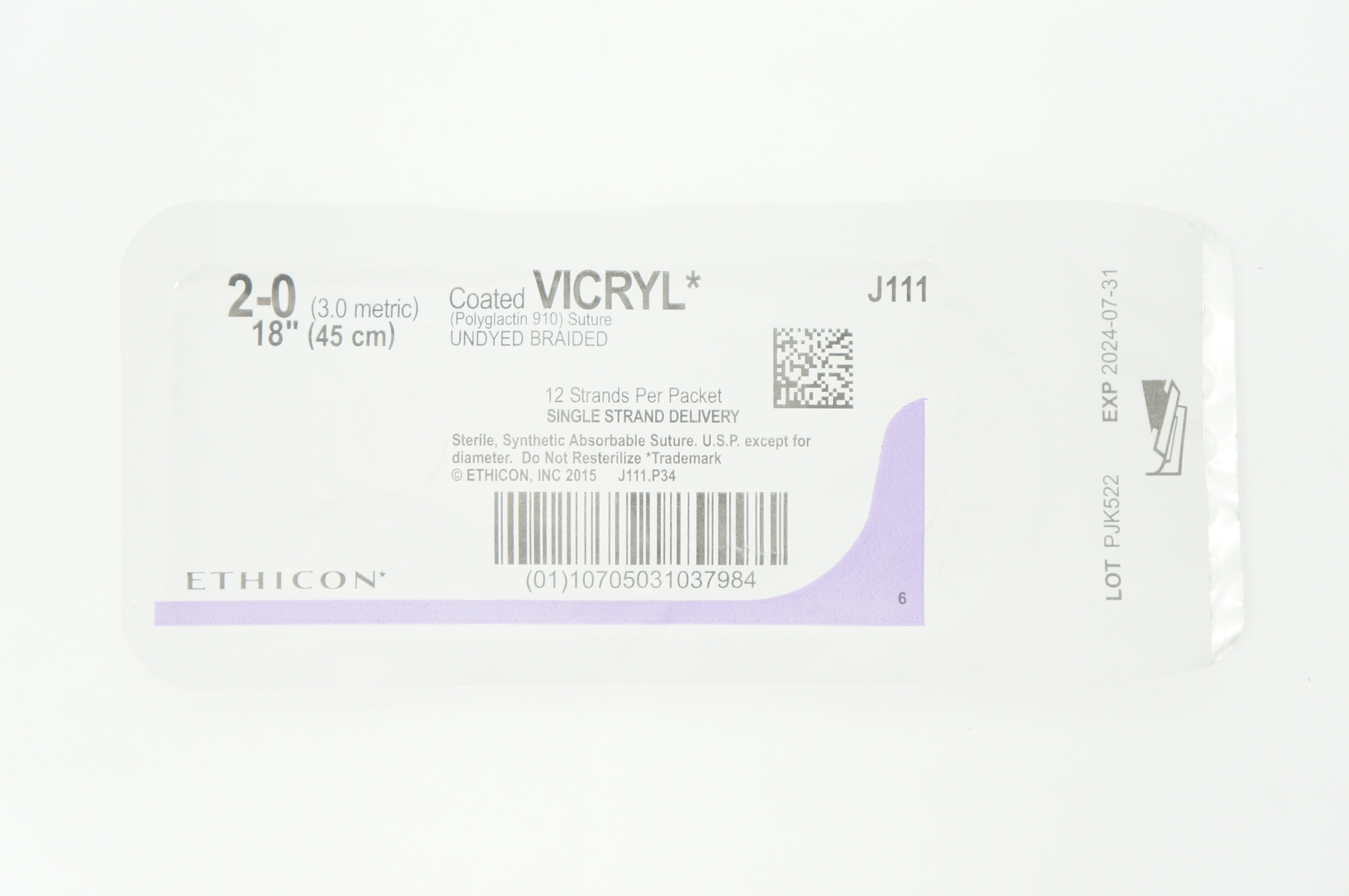Ethicon J111 2-0 Coated VICRYL (Polyglactin 910) Stre Undyed Braided, 18inch