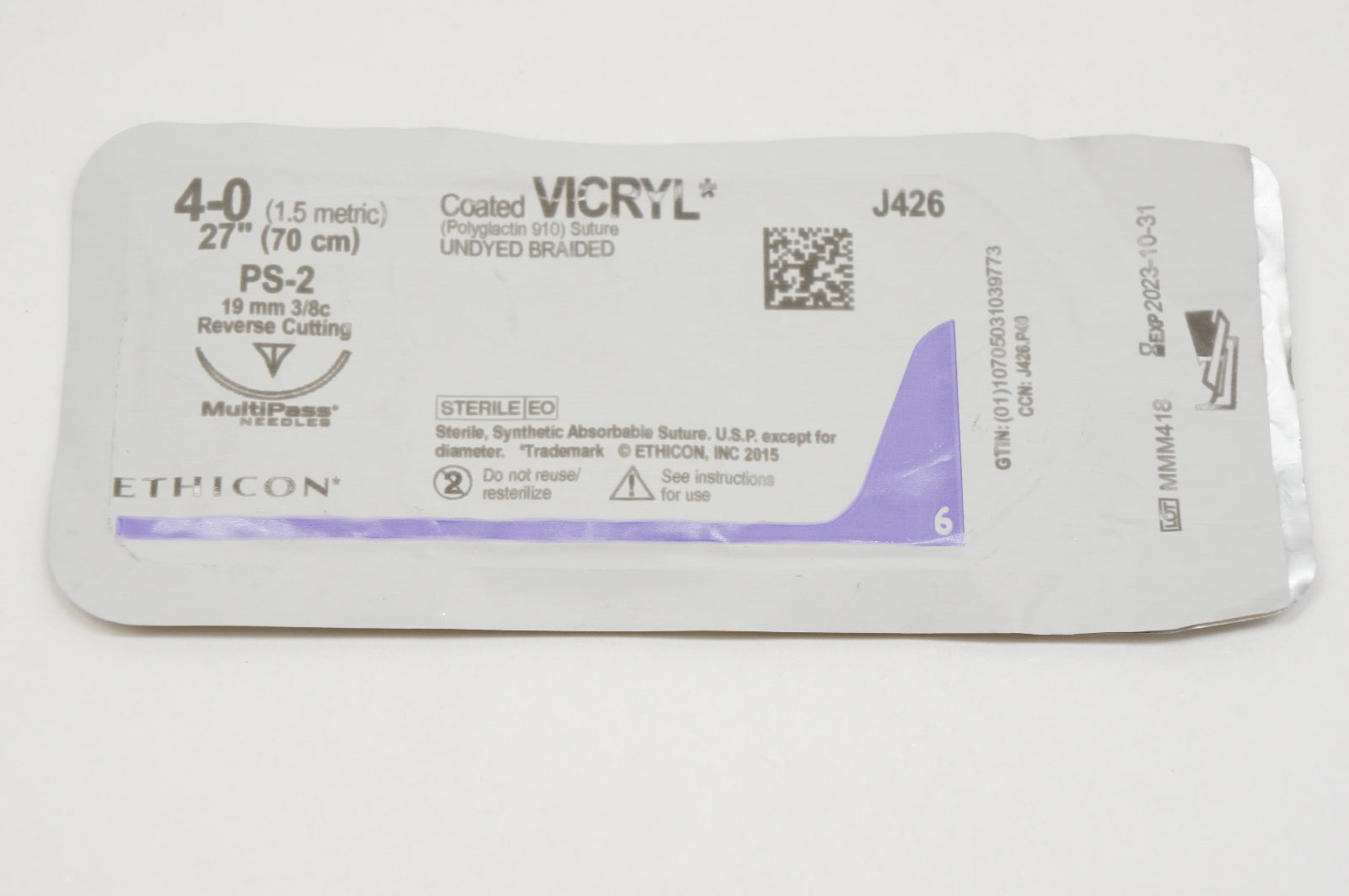 Ethicon J426 4-0 VICRYL, PS-2, 19mm 3/8c, 27inch