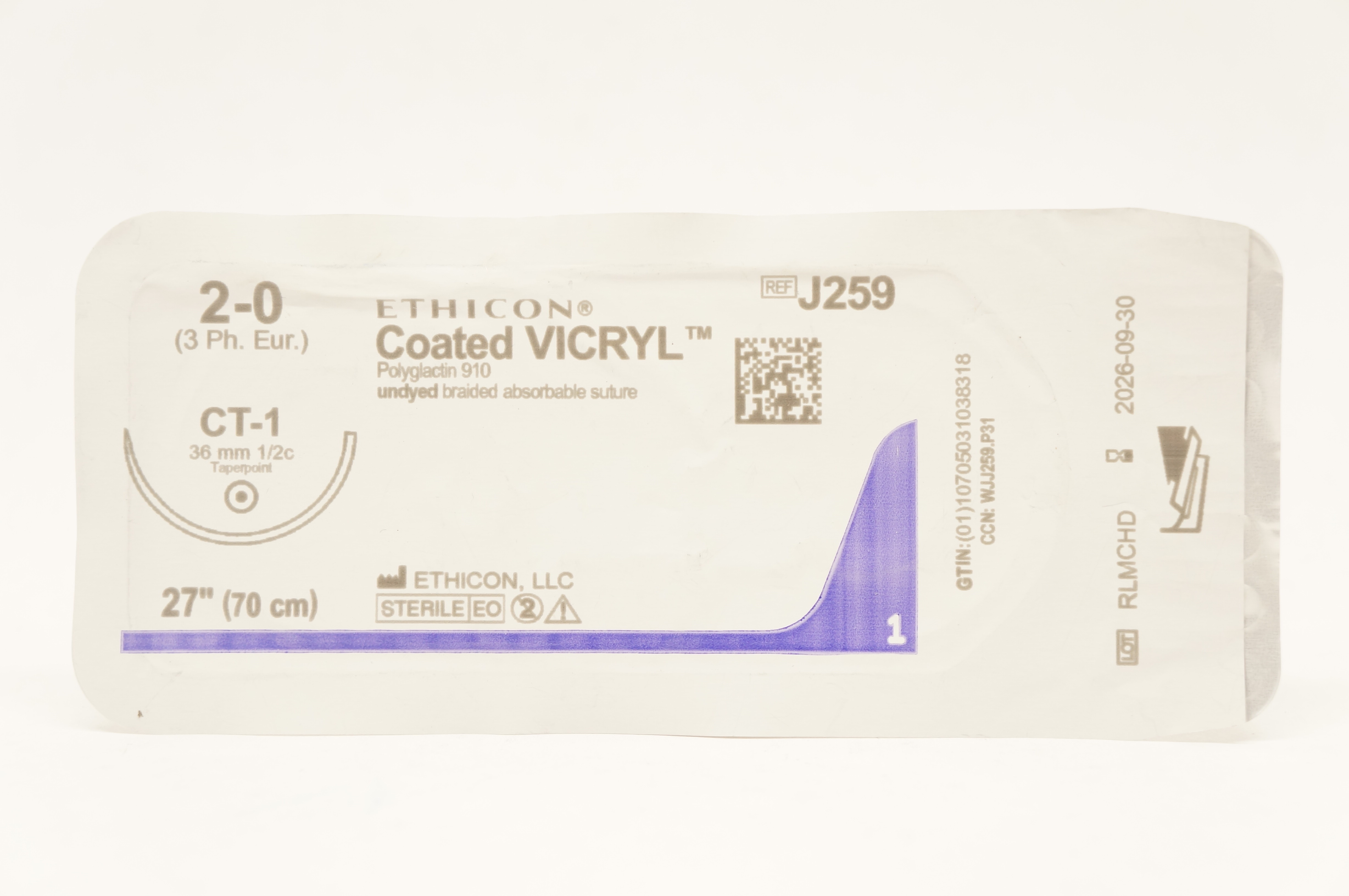 Ethicon J259 2-0 Coated VICRYL Stre CT-1 36mm 1/2c Taperpoint, 27 inch